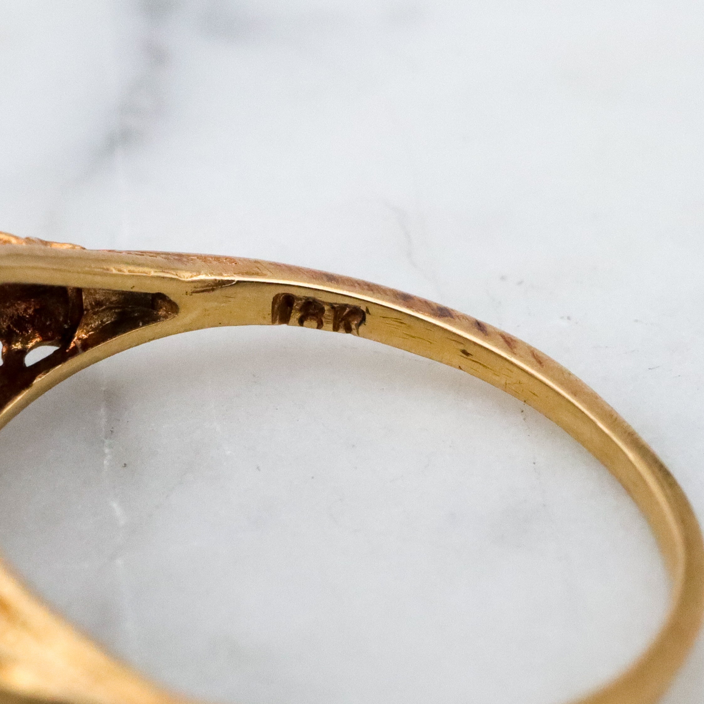 Victorian style 18k gold filigree Man on the Moon moonstone ring, size 6.5