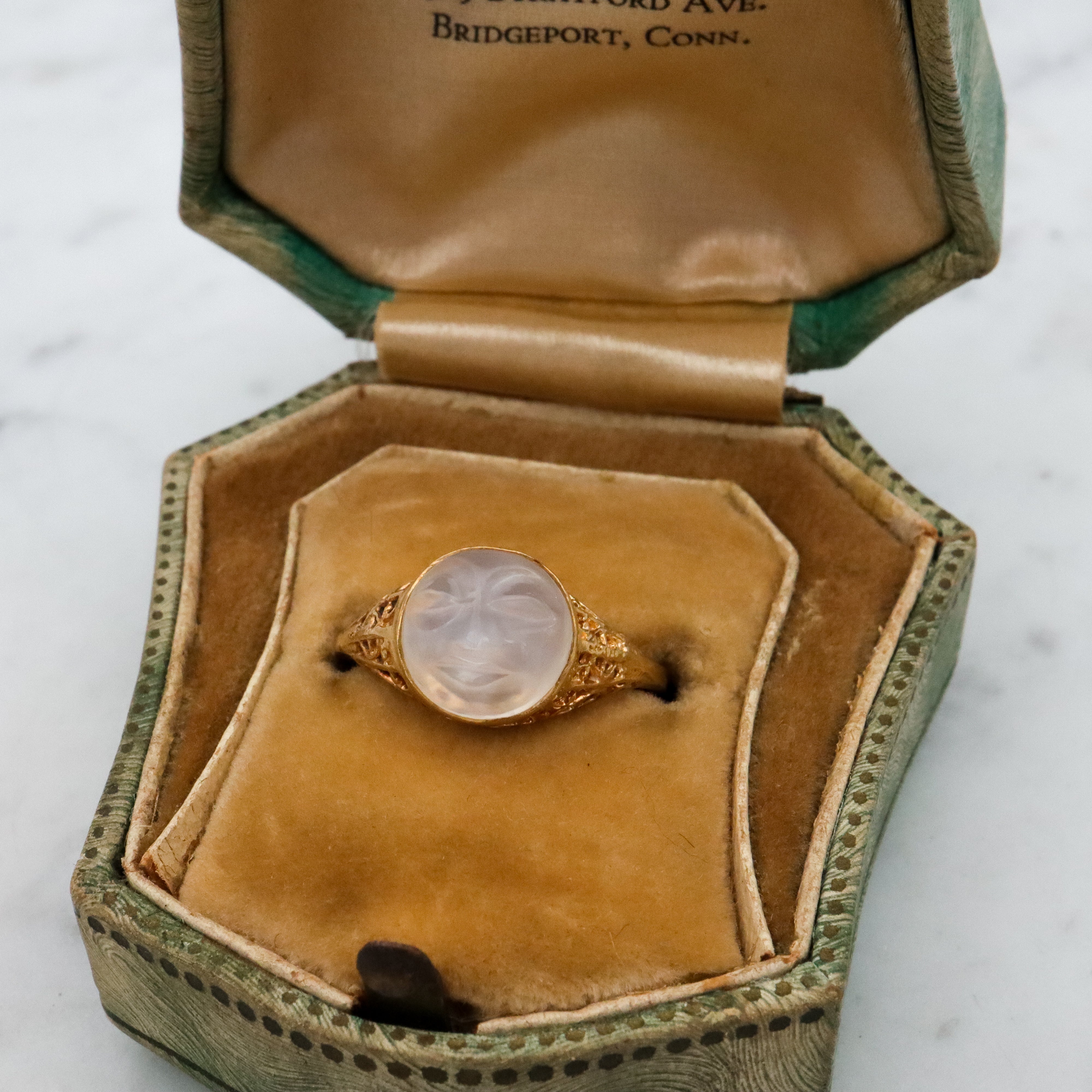 Victorian style 18k gold filigree Man on the Moon moonstone ring, size 6.5