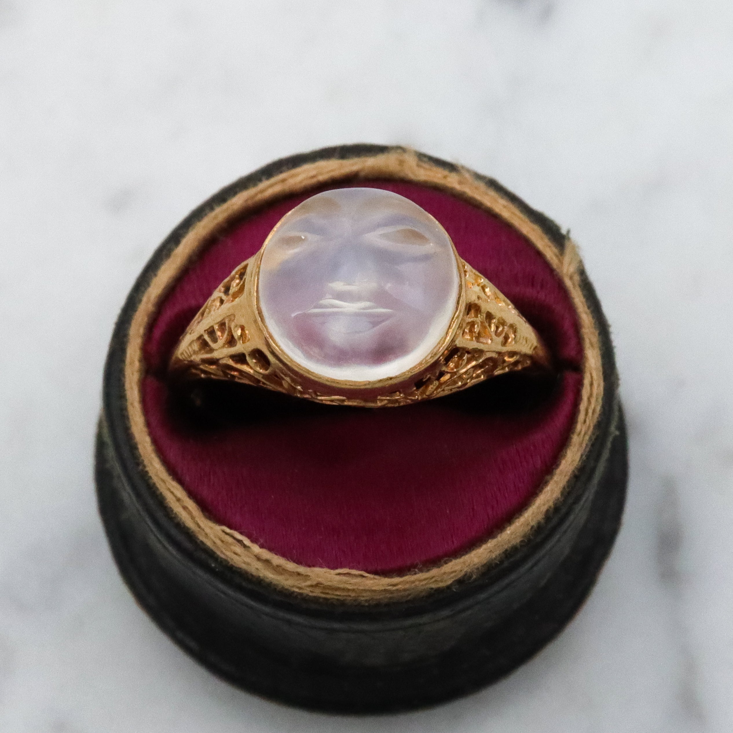 Victorian style 18k gold filigree Man on the Moon moonstone ring, size 6.5