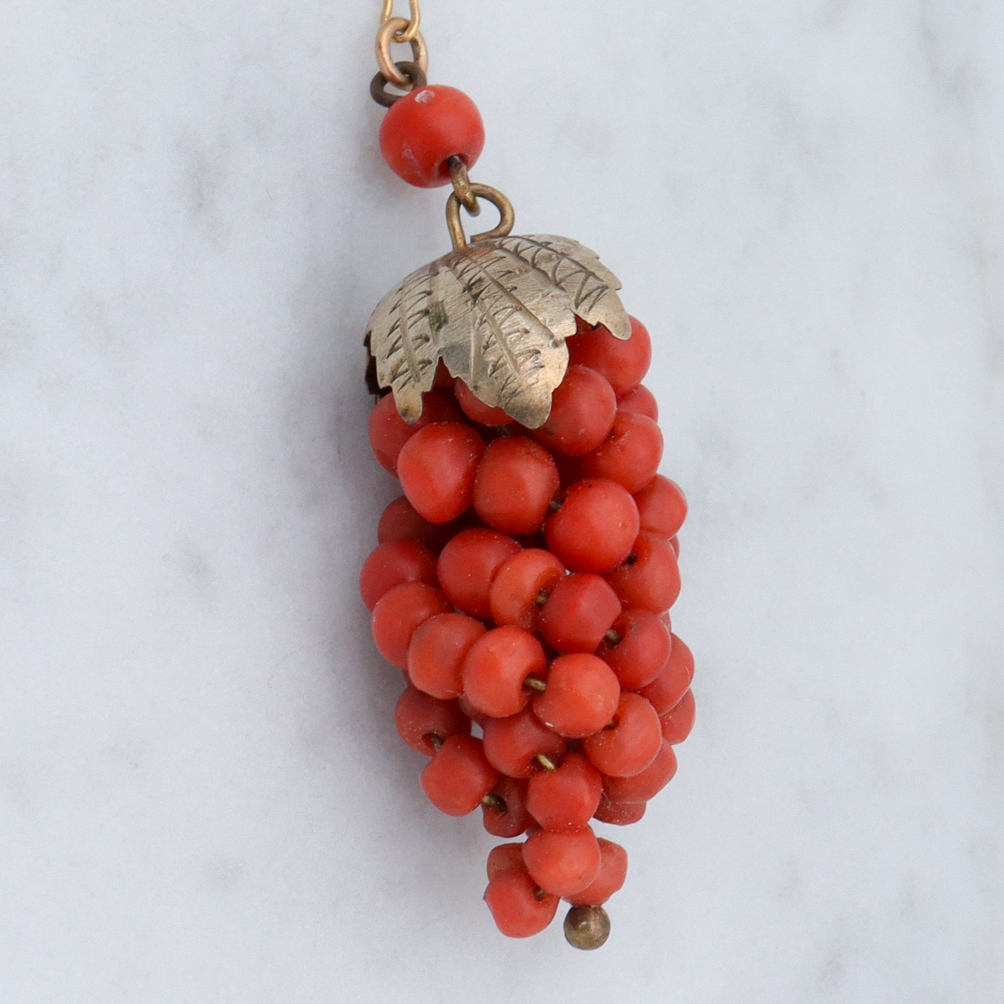 Antique Victorian gilt metal coral bead grape bunch pendant on gold filled crinkle chain