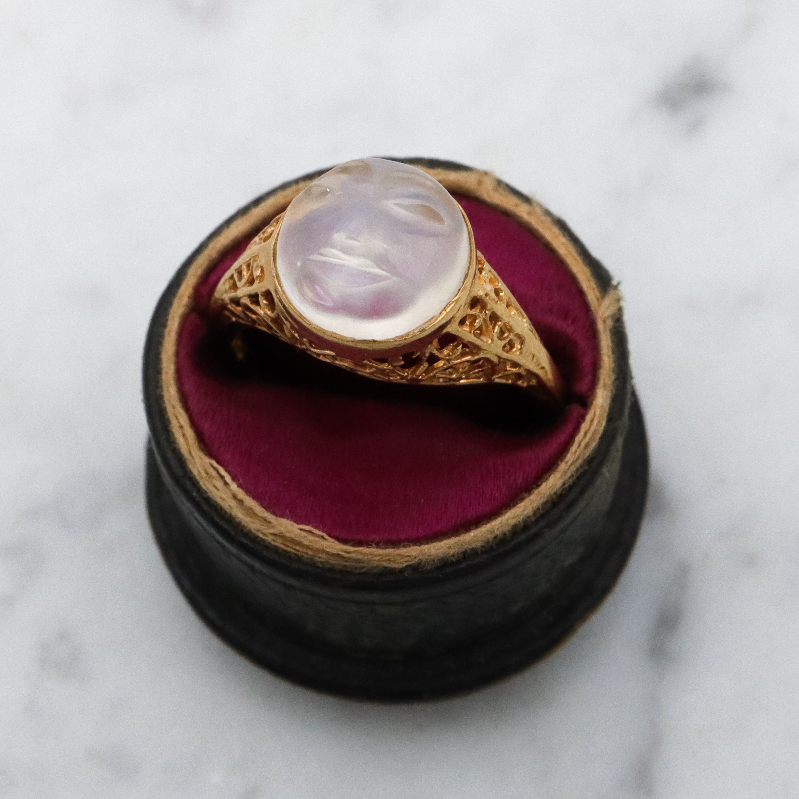 Victorian style 18k gold filigree Man on the Moon moonstone ring, size 6.5