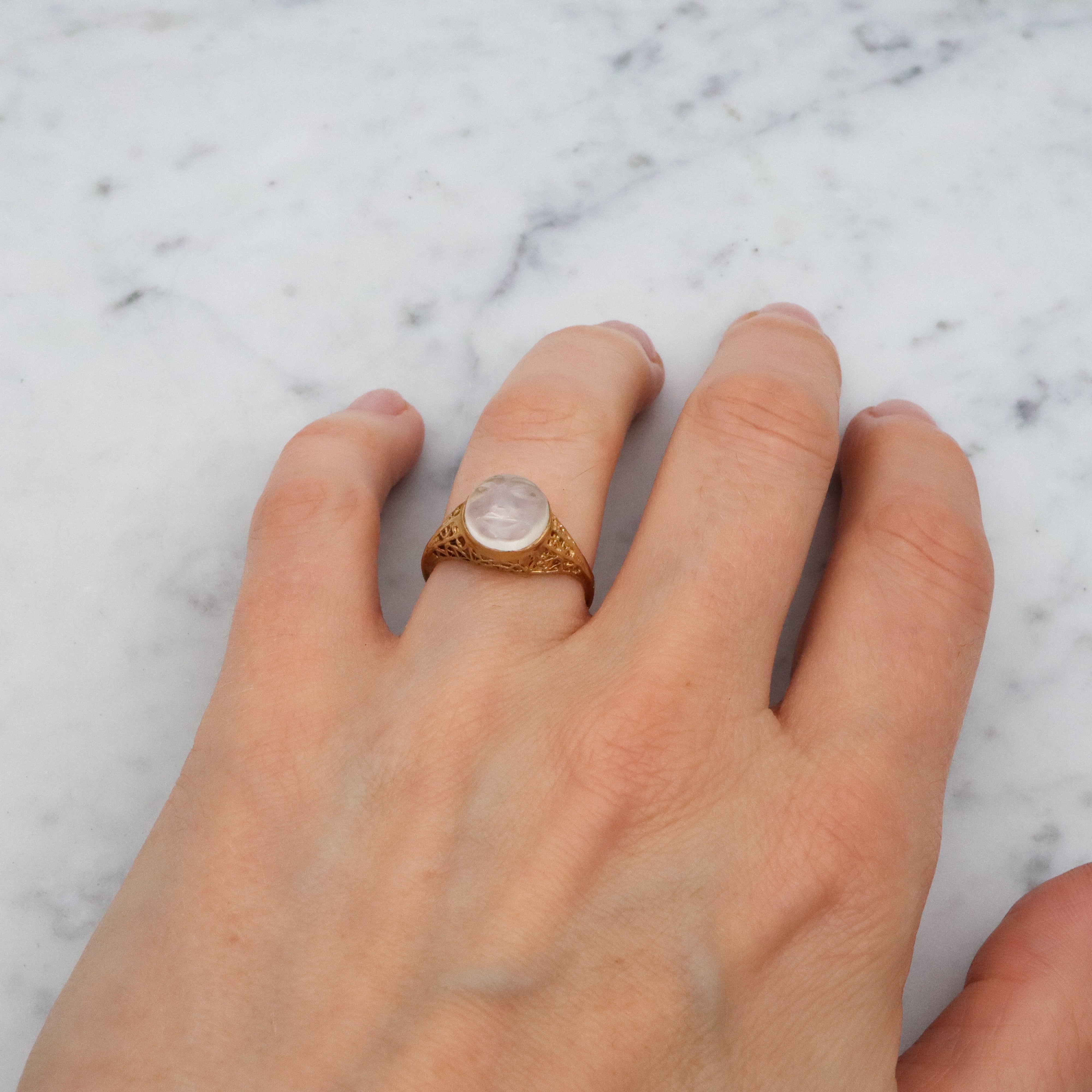 Victorian style 18k gold filigree Man on the Moon moonstone ring, size 6.5