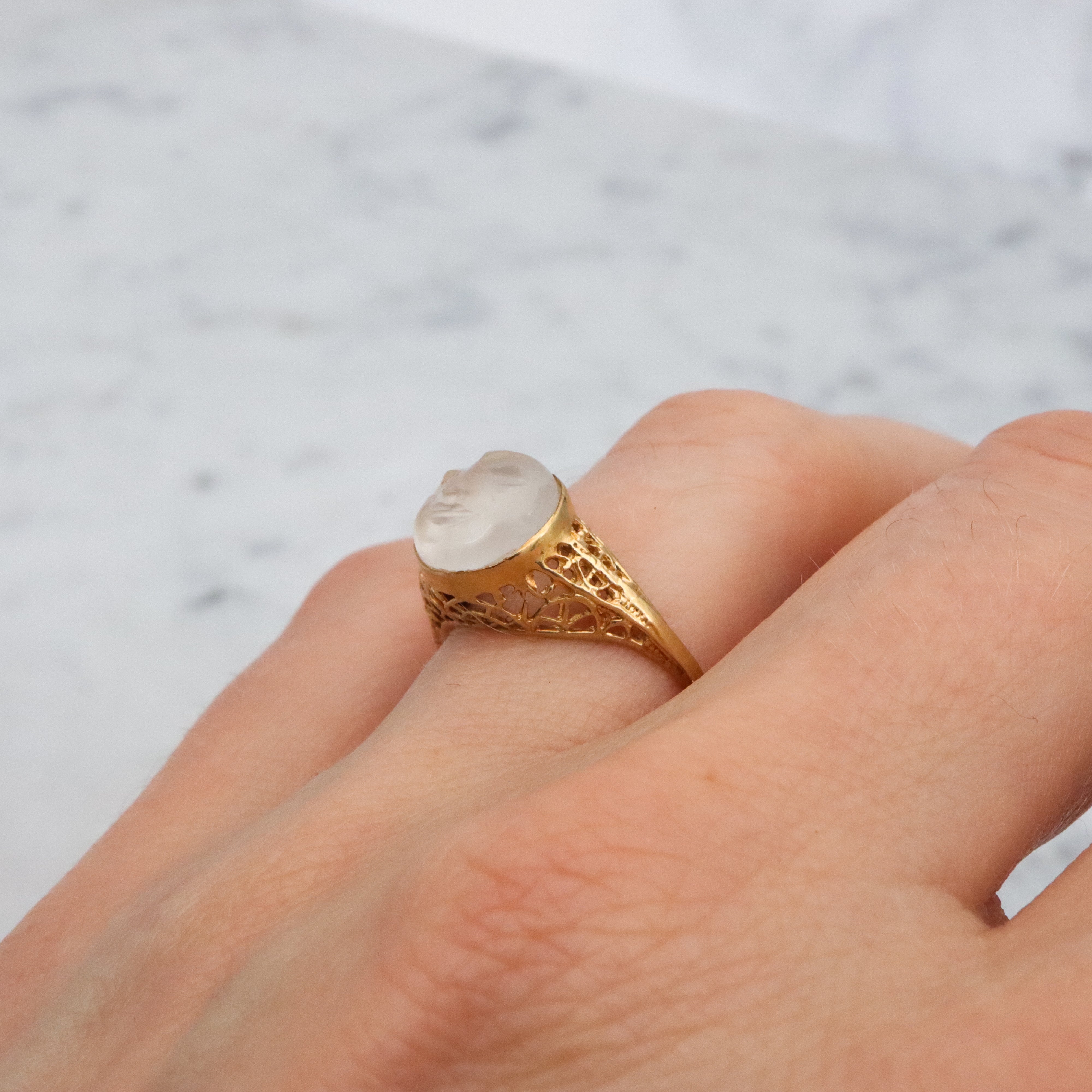 Victorian style 18k gold filigree Man on the Moon moonstone ring, size 6.5