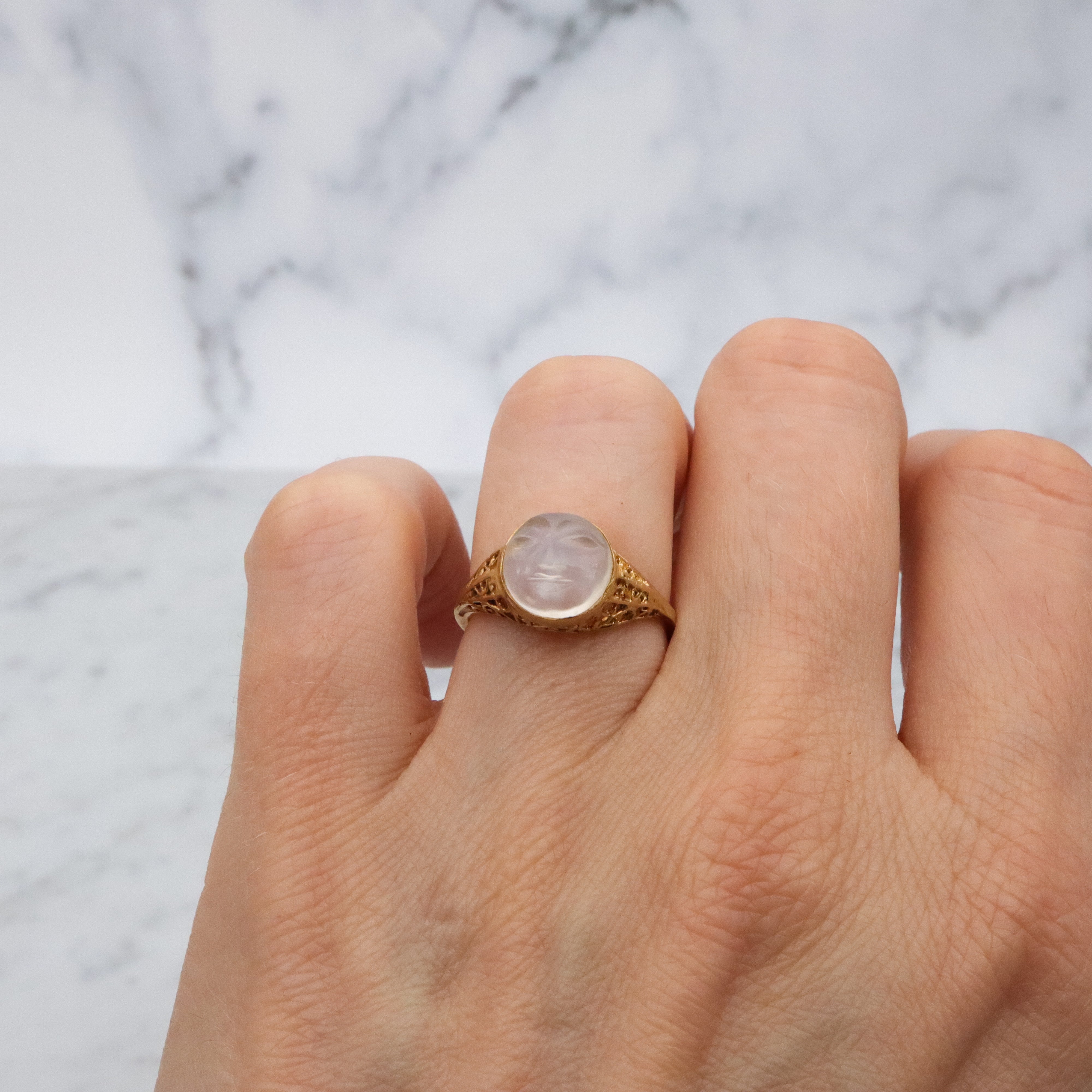 Victorian style 18k gold filigree Man on the Moon moonstone ring, size 6.5