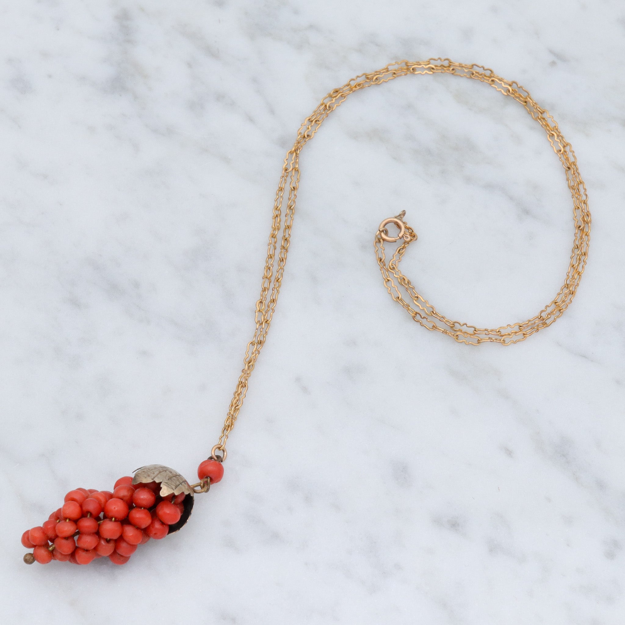 Antique Victorian gilt metal coral bead grape bunch pendant on gold filled crinkle chain