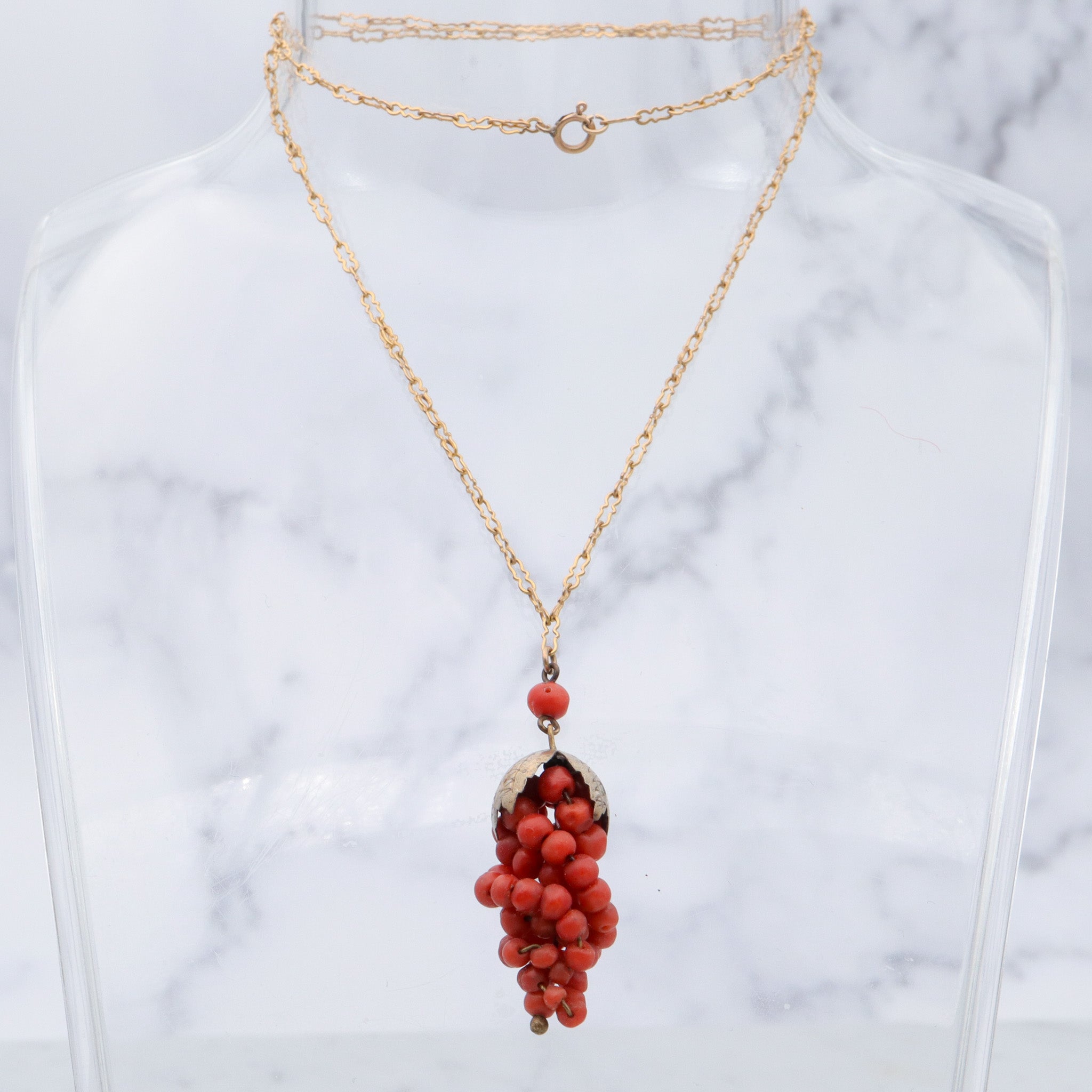Antique Victorian gilt metal coral bead grape bunch pendant on gold filled crinkle chain