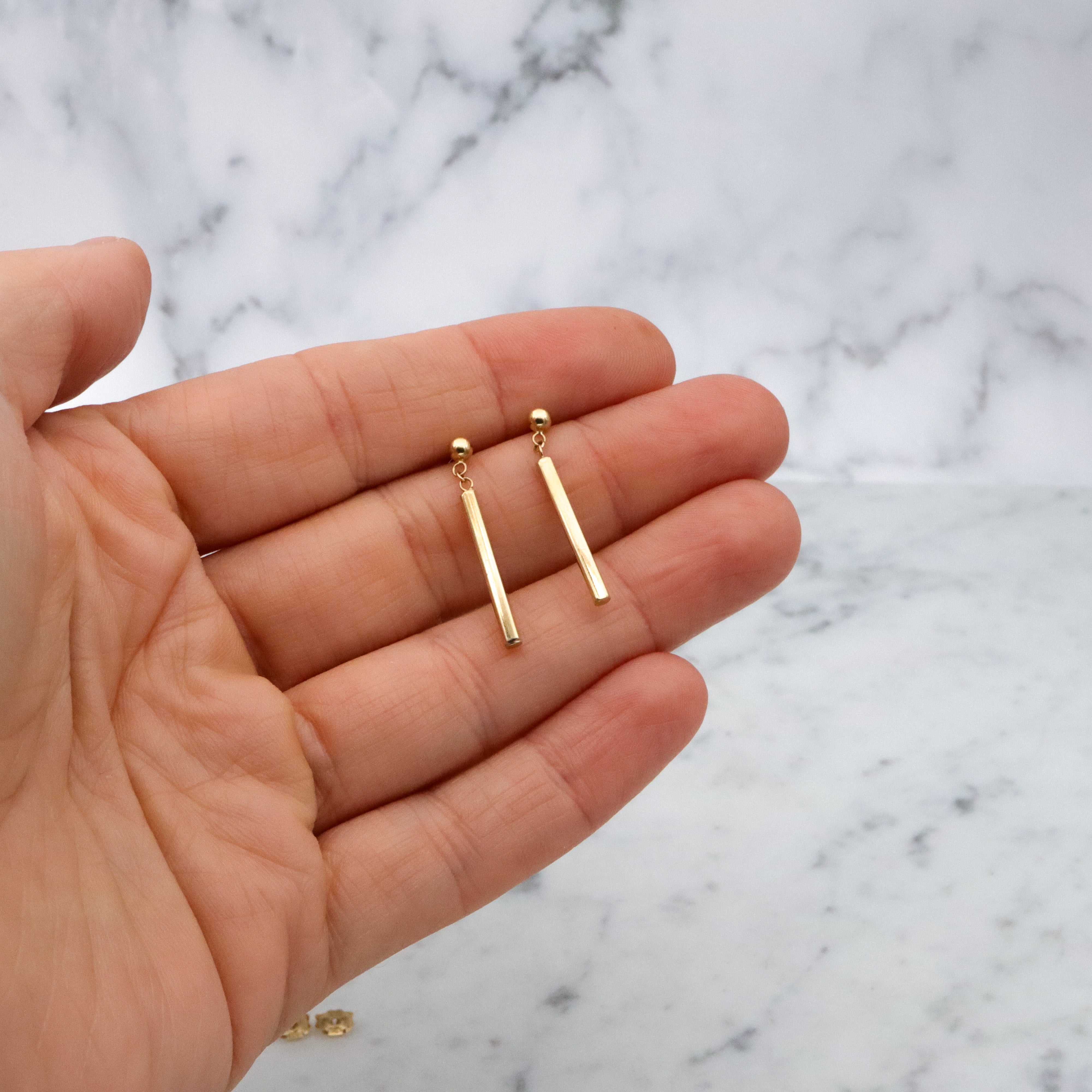 Retro modern 9k gold bar drop earrings