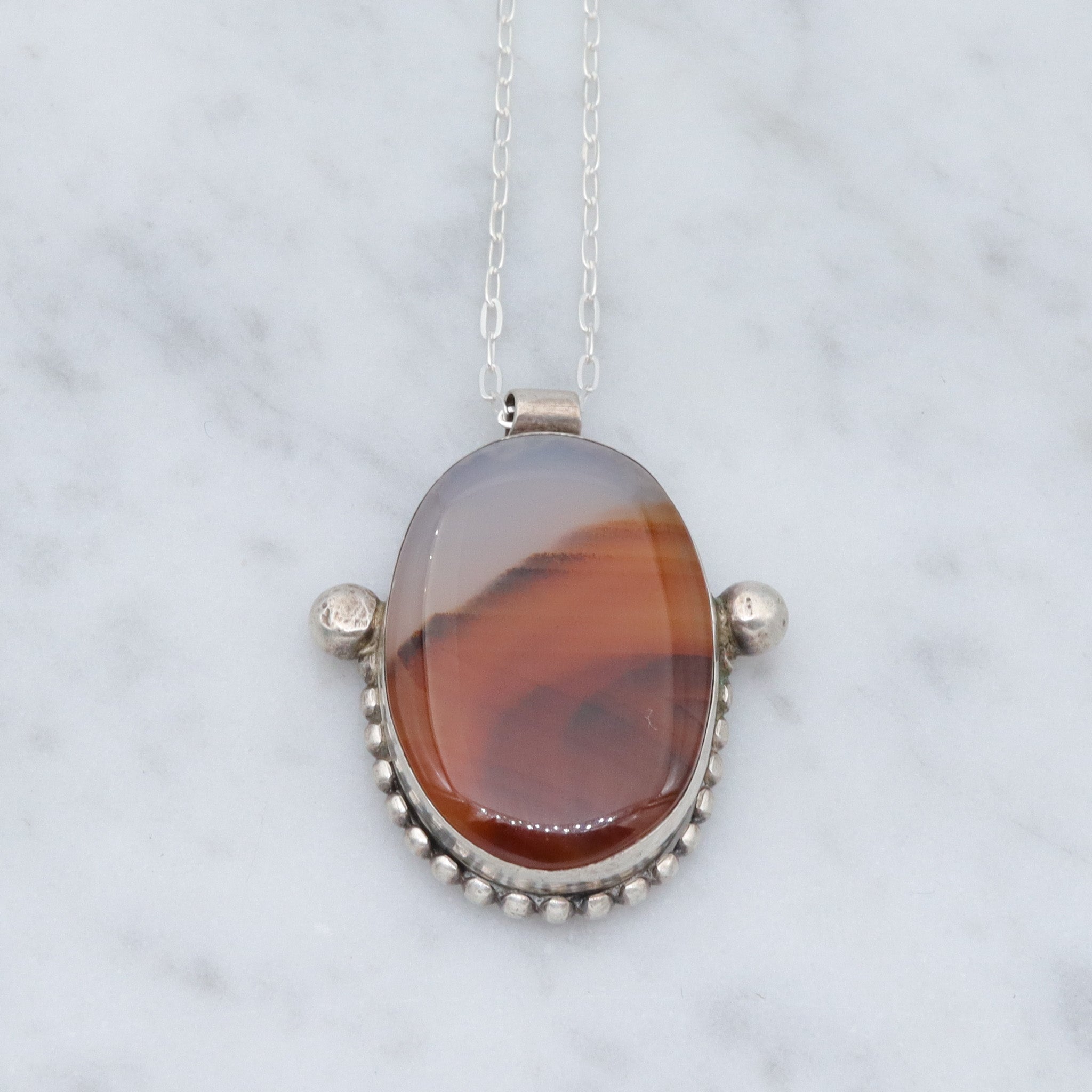 Vintage Native American sterling & banded agate pendant necklace, 18”
