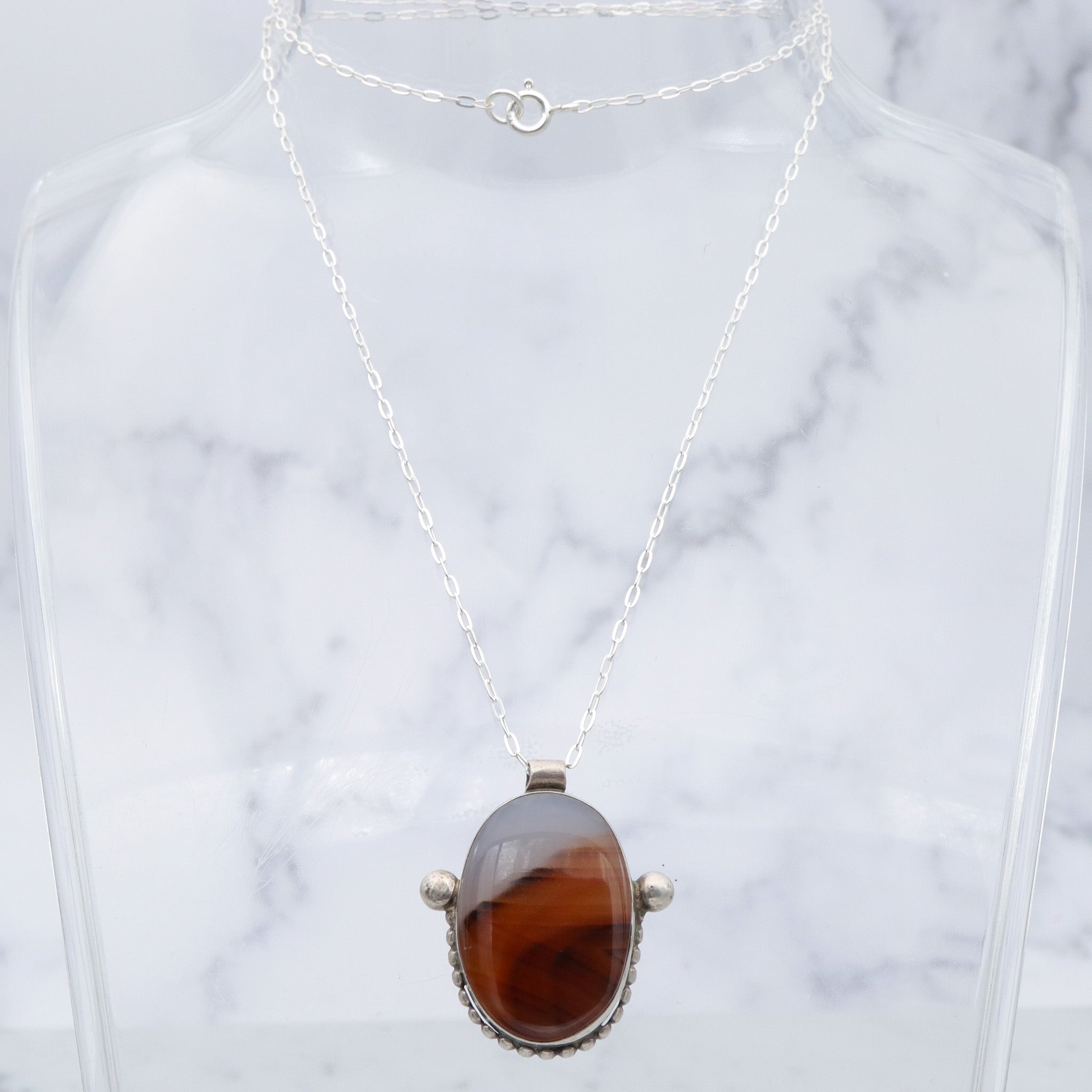 Vintage Native American sterling & banded agate pendant necklace, 18”