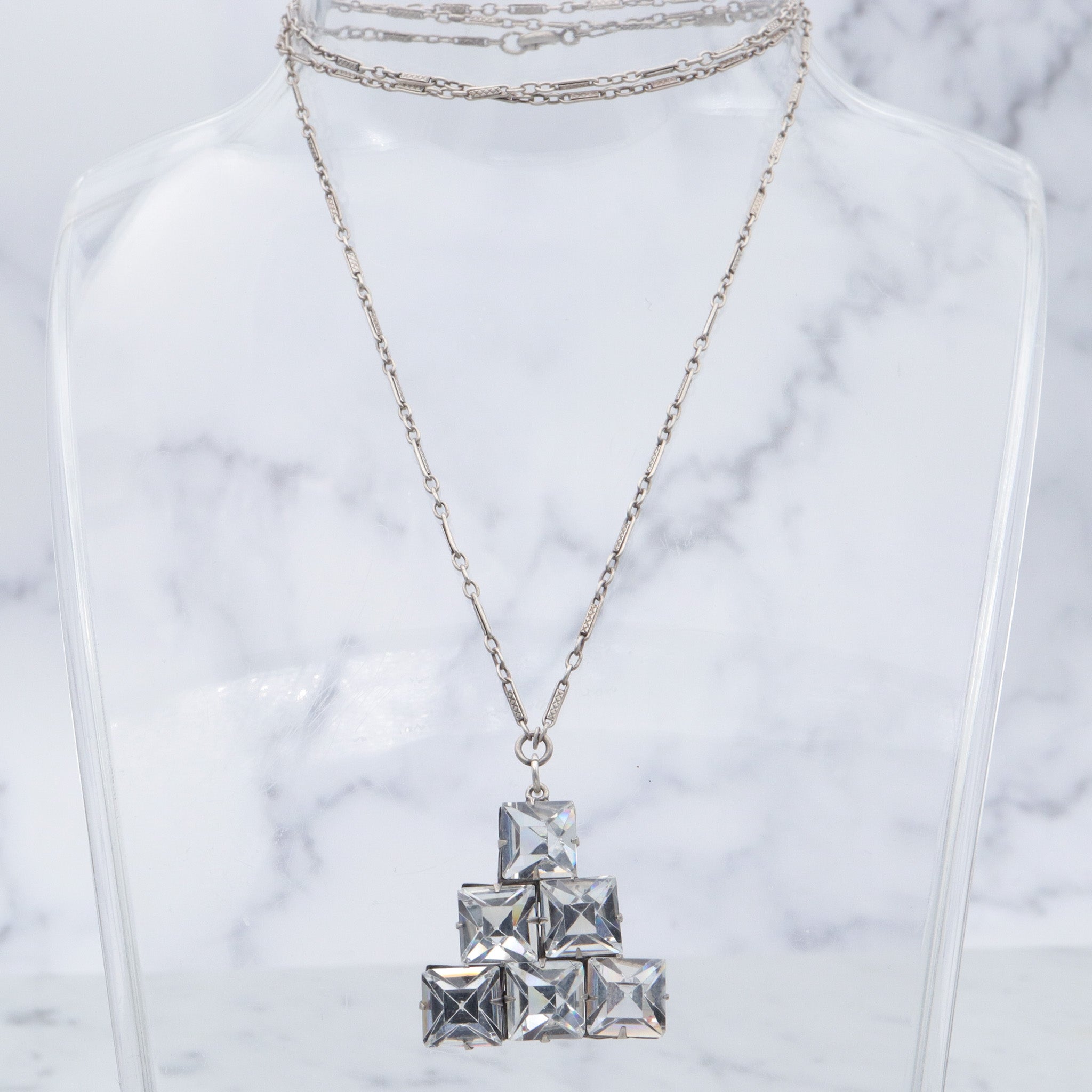 Antique Art Deco sterling open back faceted square crystal pyramid pendant necklace