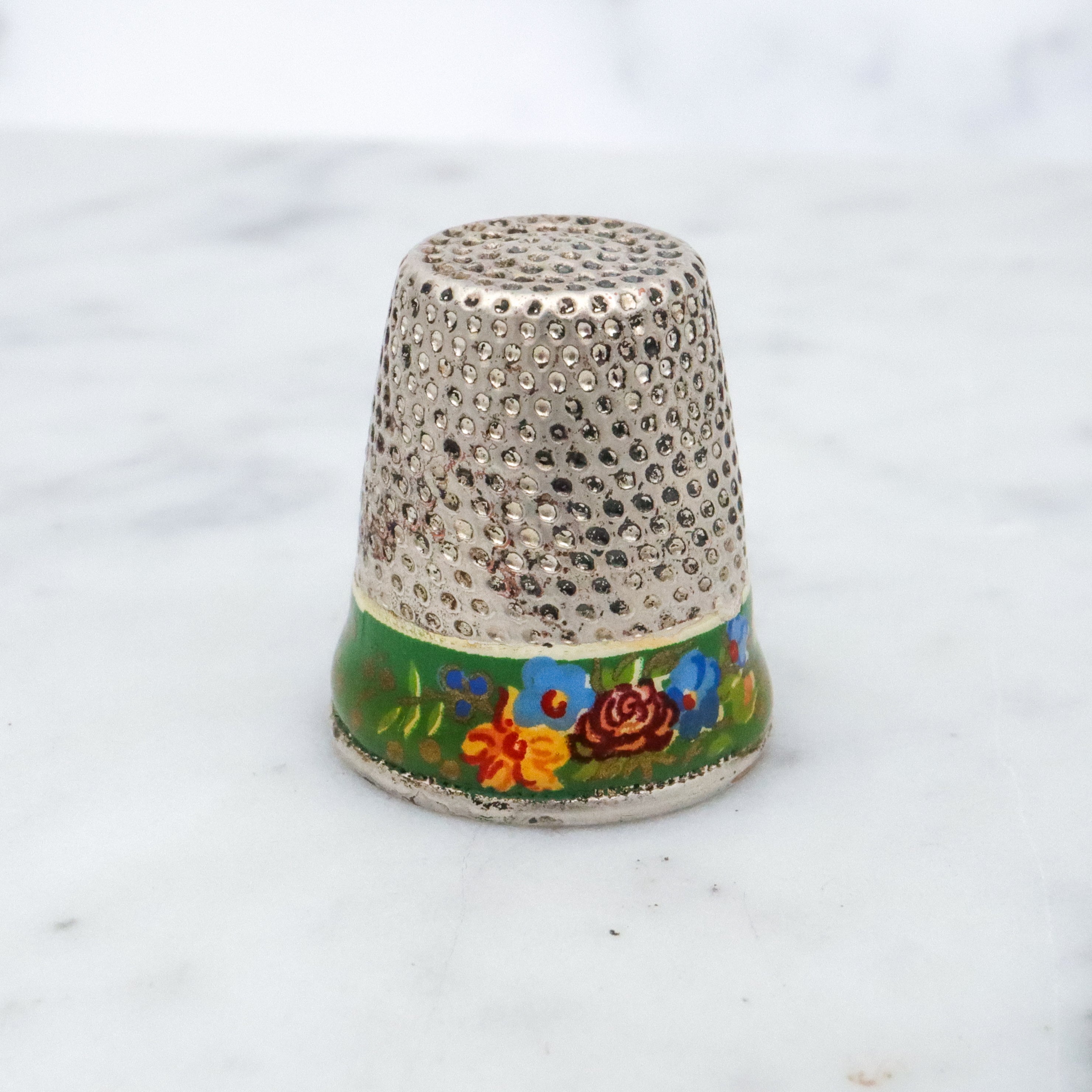 Antique silver plated enamel floral thimble