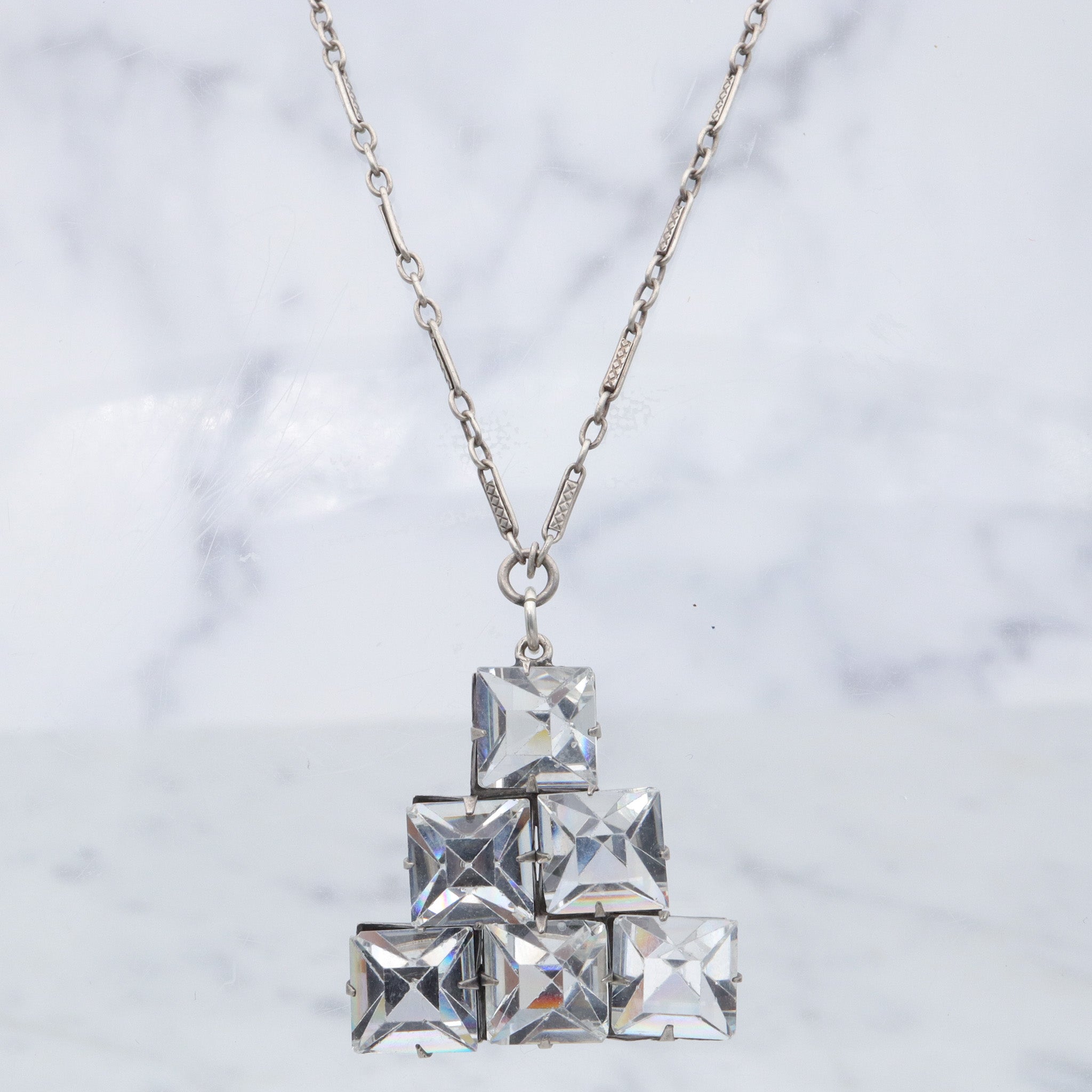 Antique Art Deco sterling open back faceted square crystal pyramid pendant necklace