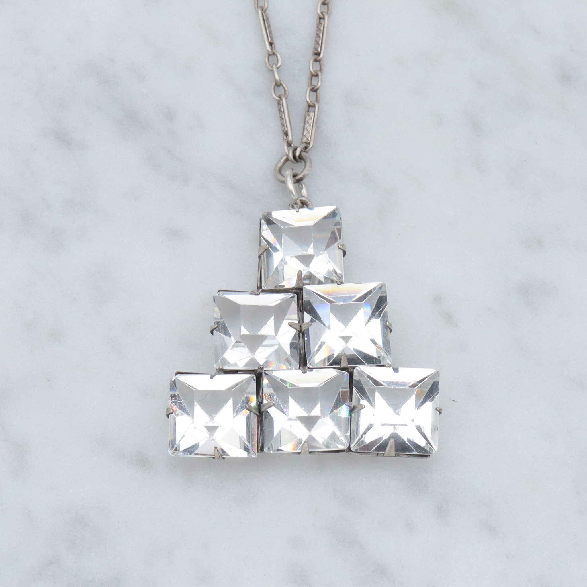 Antique Art Deco sterling open back faceted square crystal pyramid pendant necklace