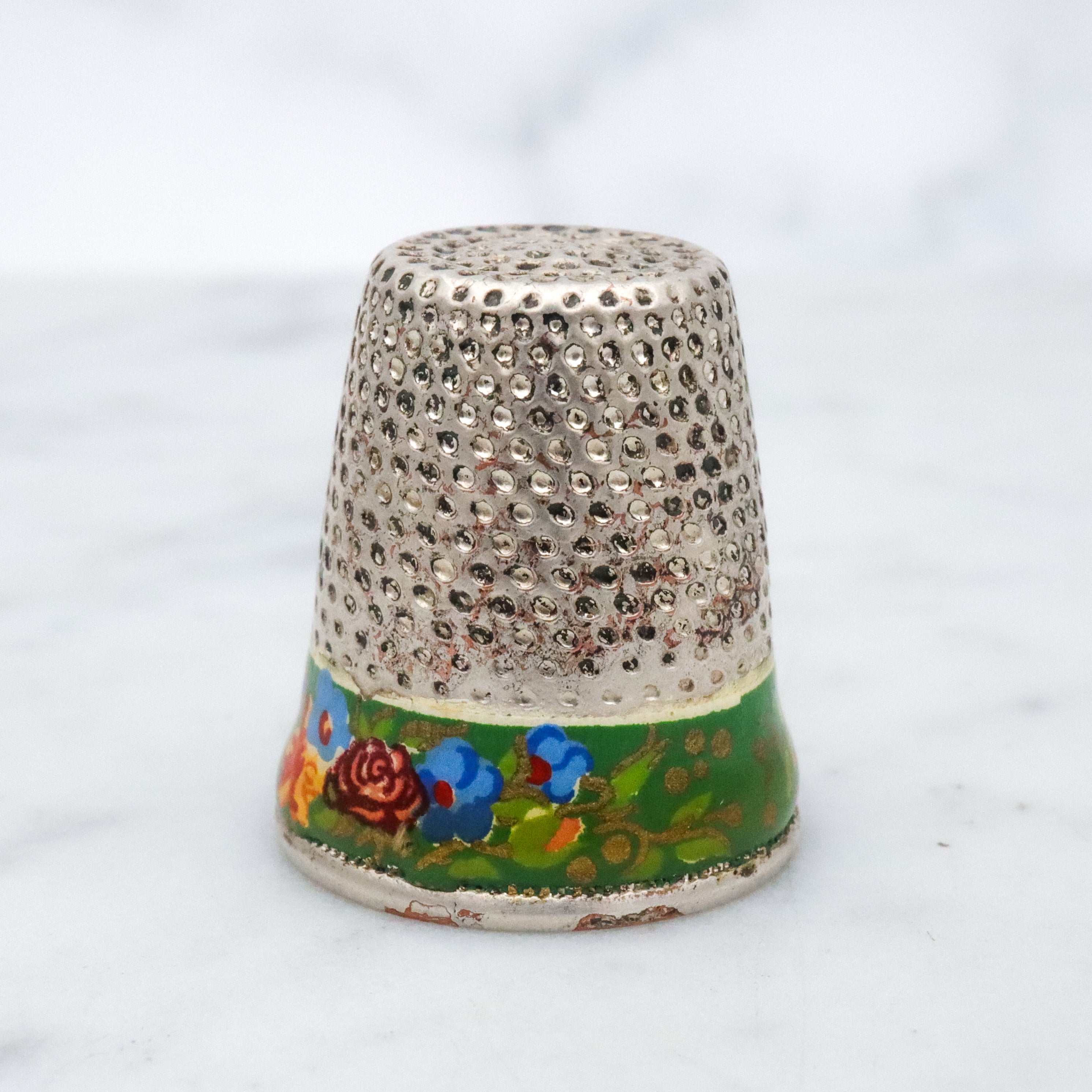 Antique silver plated enamel floral thimble