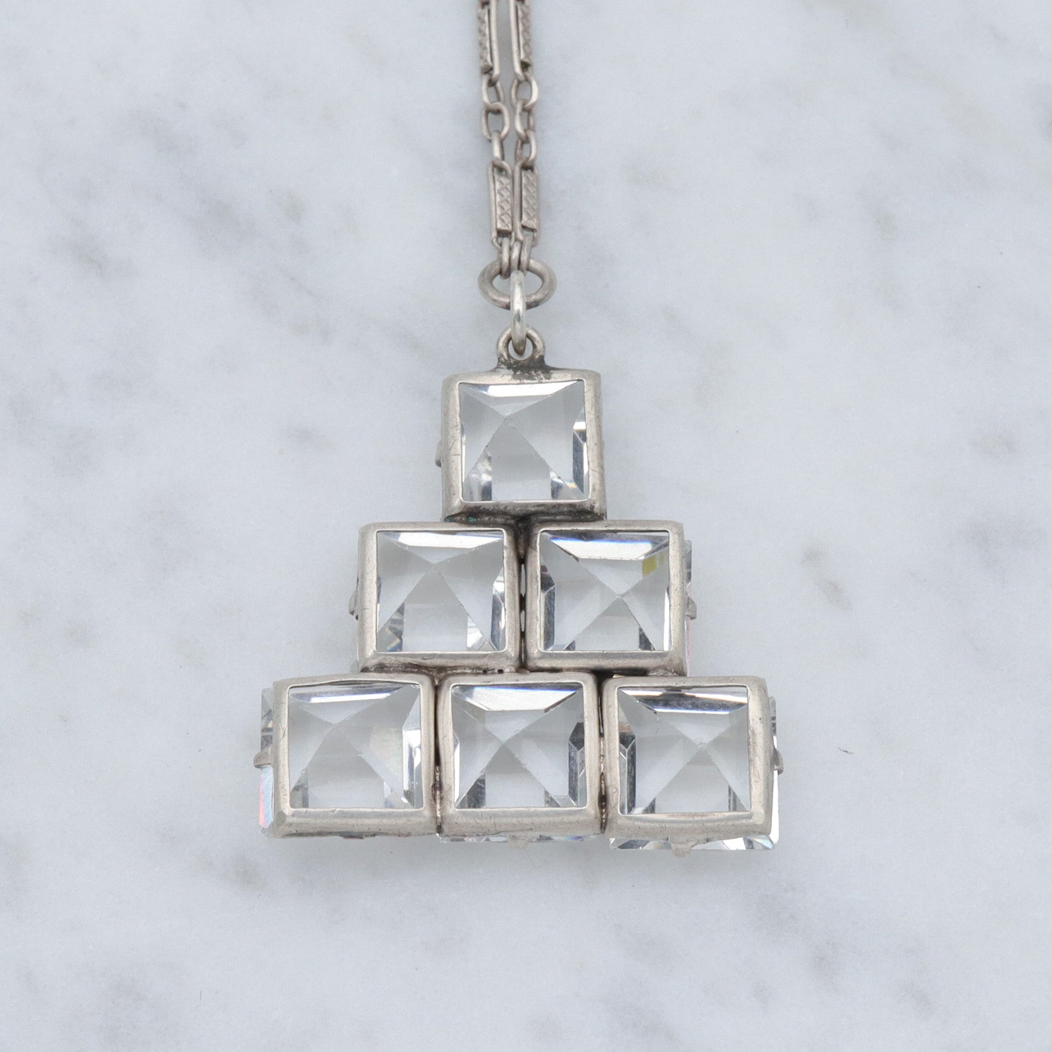 Antique Art Deco sterling open back faceted square crystal pyramid pendant necklace