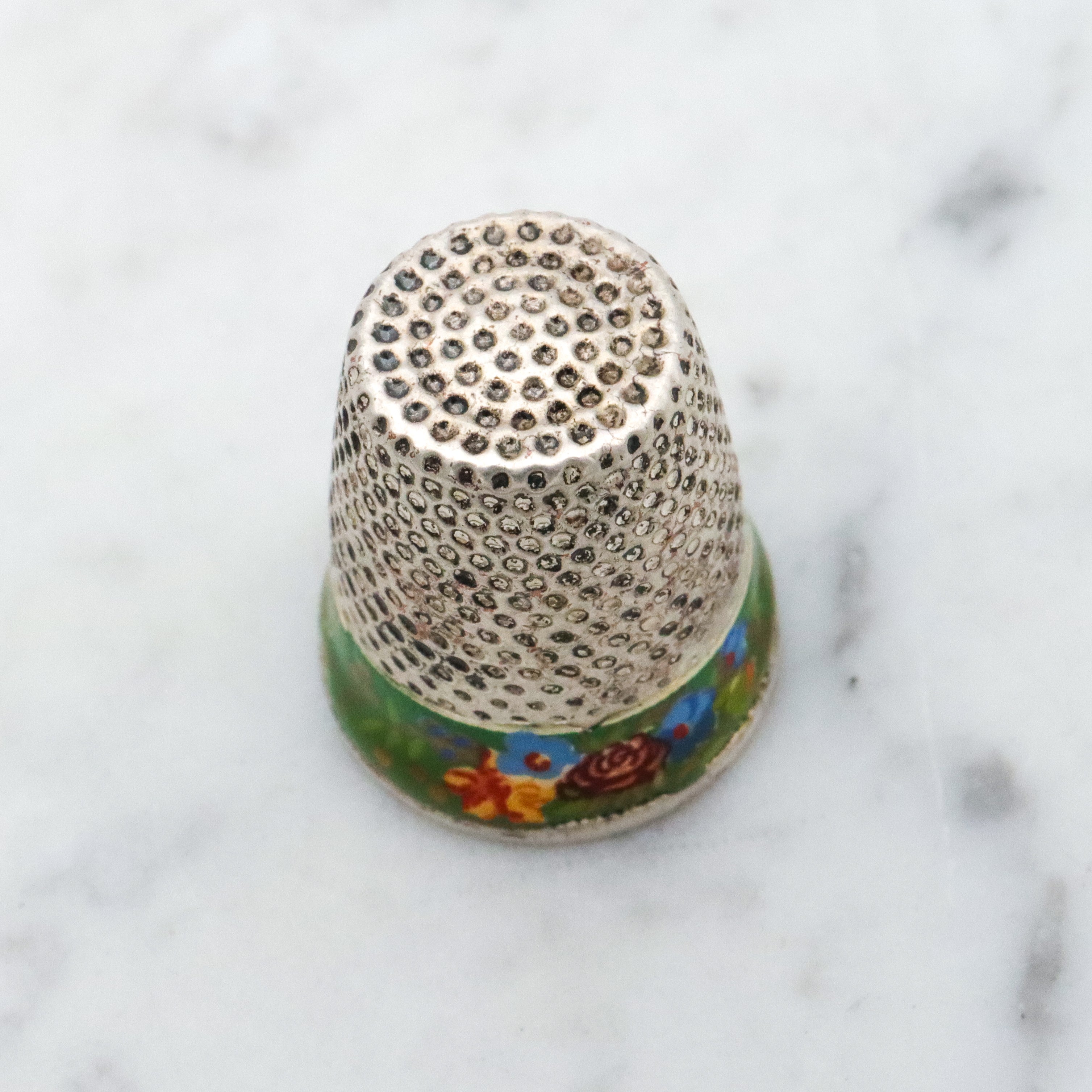Antique silver plated enamel floral thimble