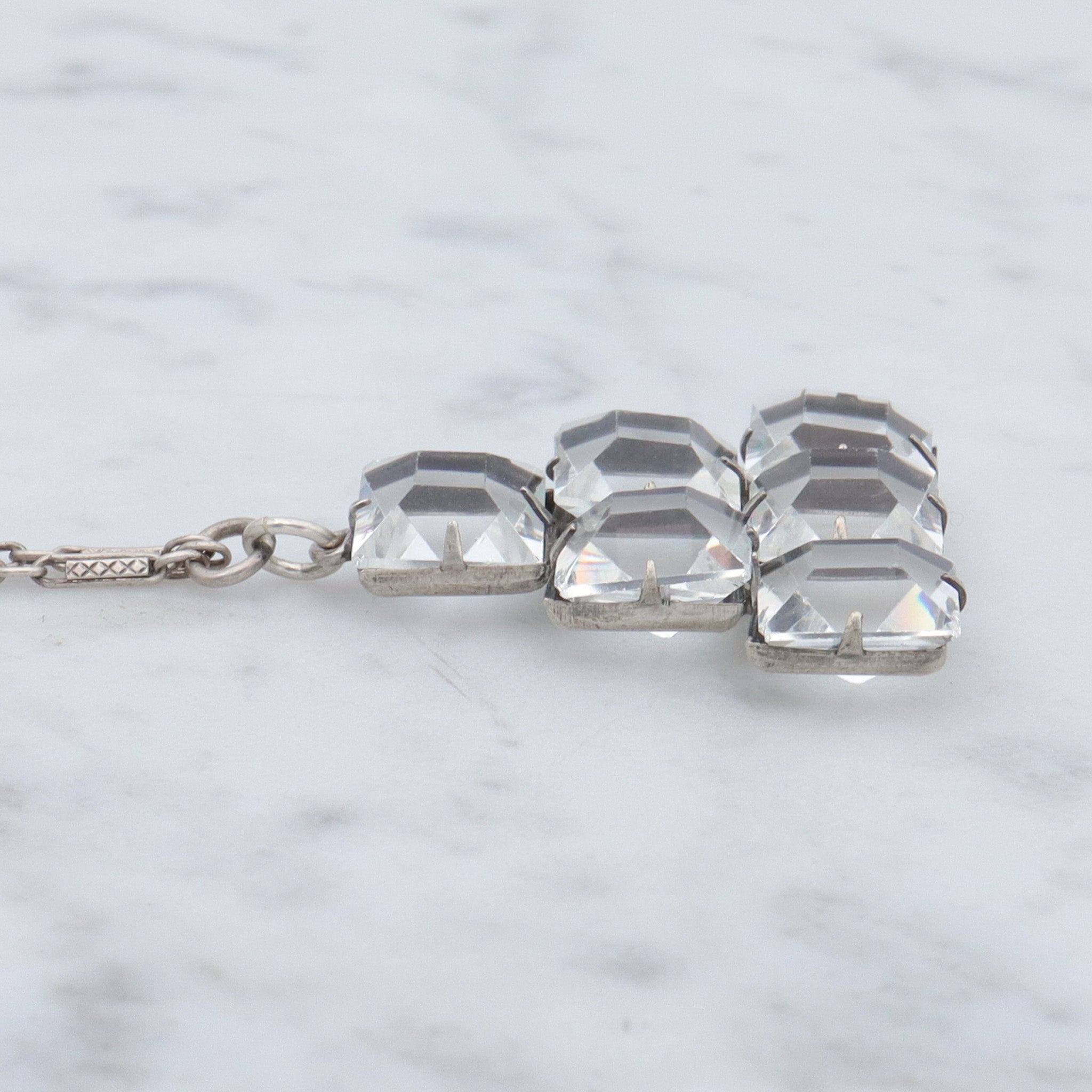 Antique Art Deco sterling open back faceted square crystal pyramid pendant necklace