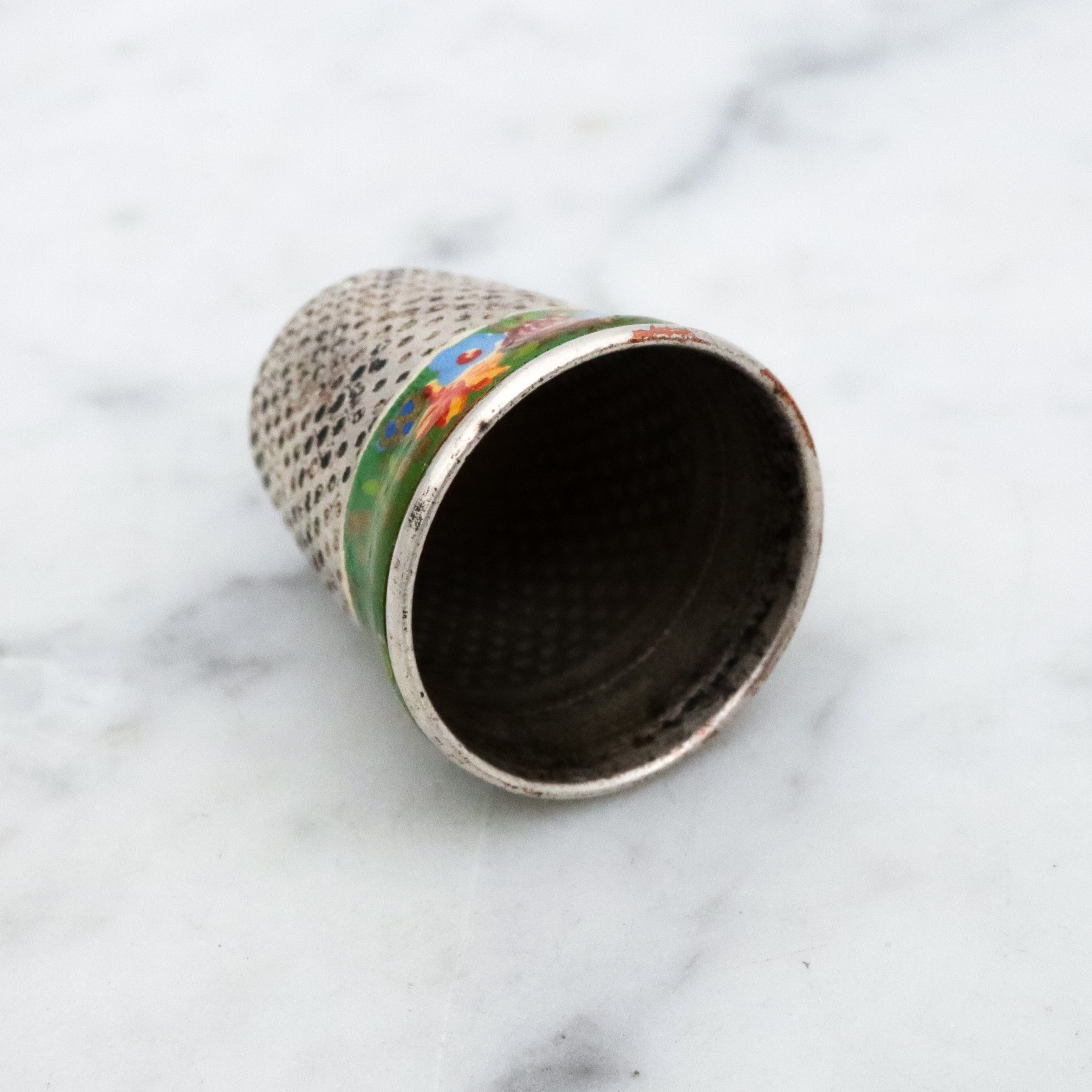 Antique silver plated enamel floral thimble