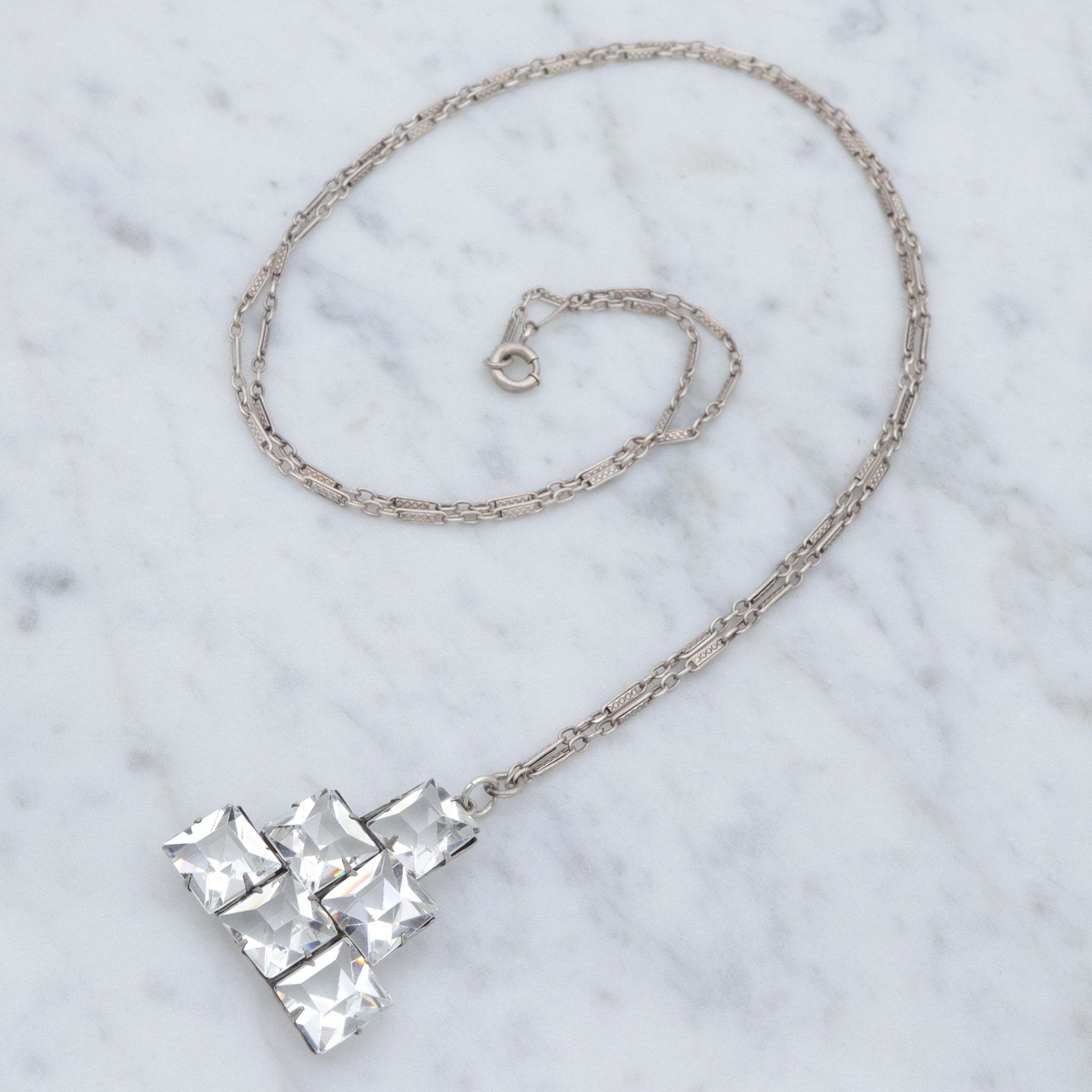 Antique Art Deco sterling open back faceted square crystal pyramid pendant necklace