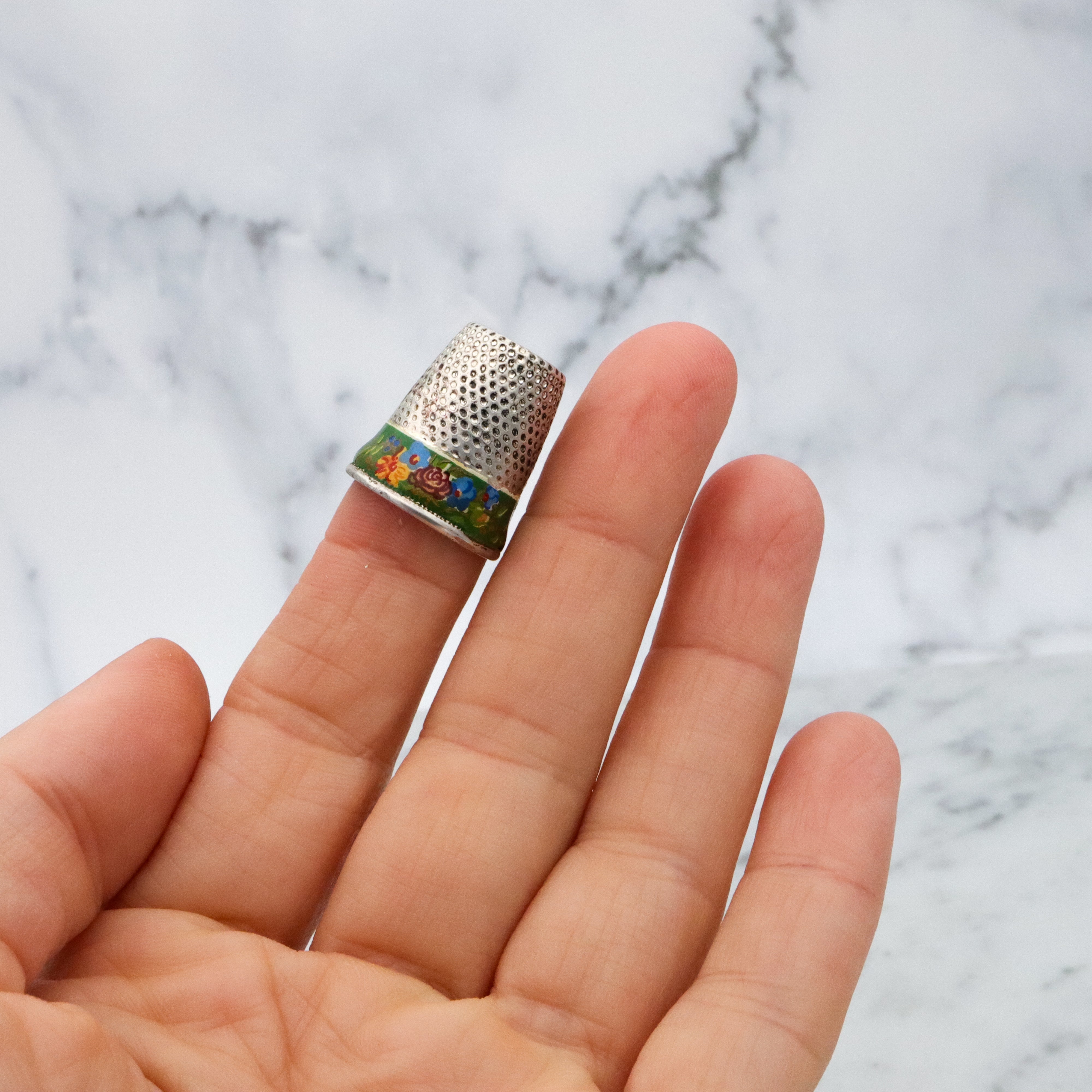 Antique silver plated enamel floral thimble