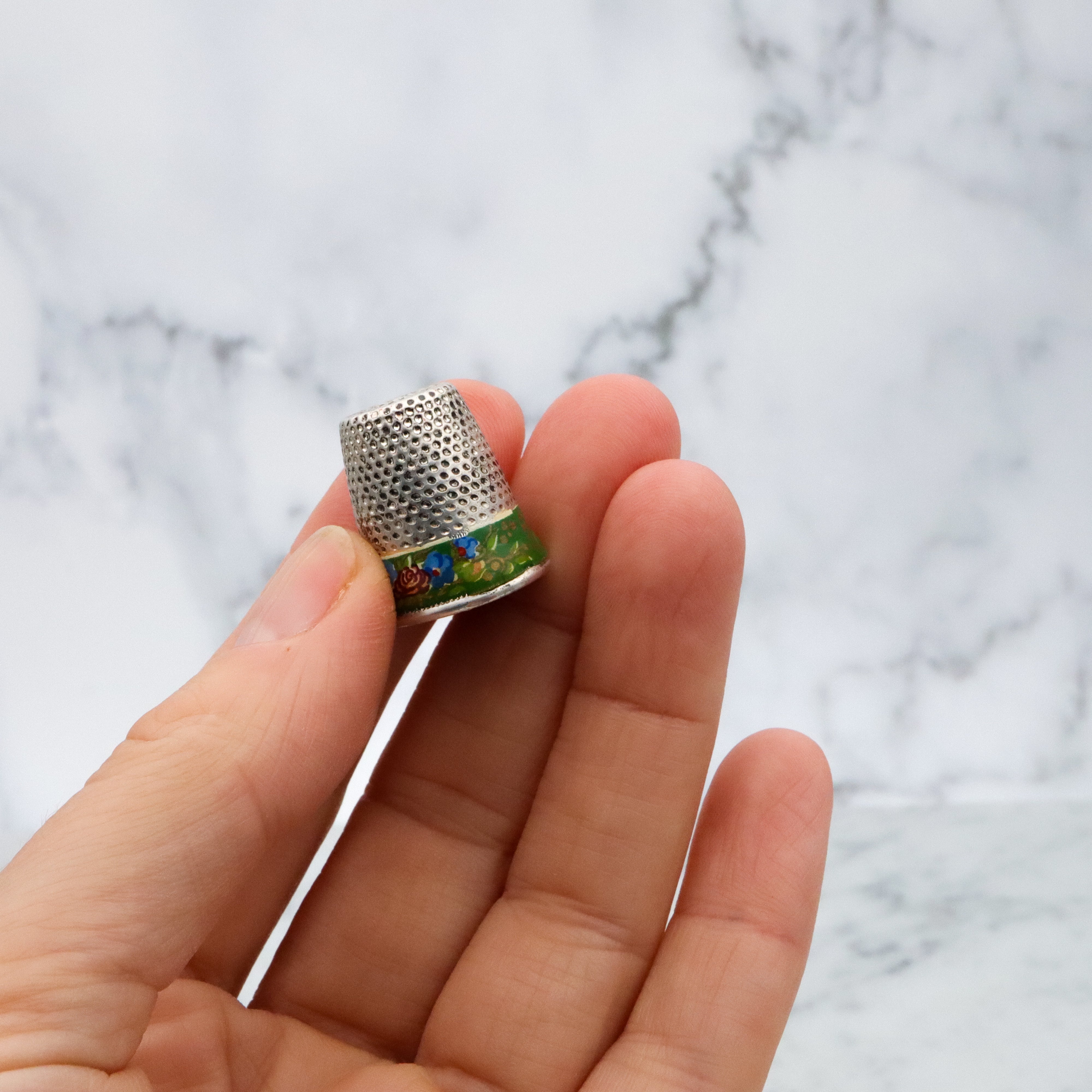 Antique silver plated enamel floral thimble