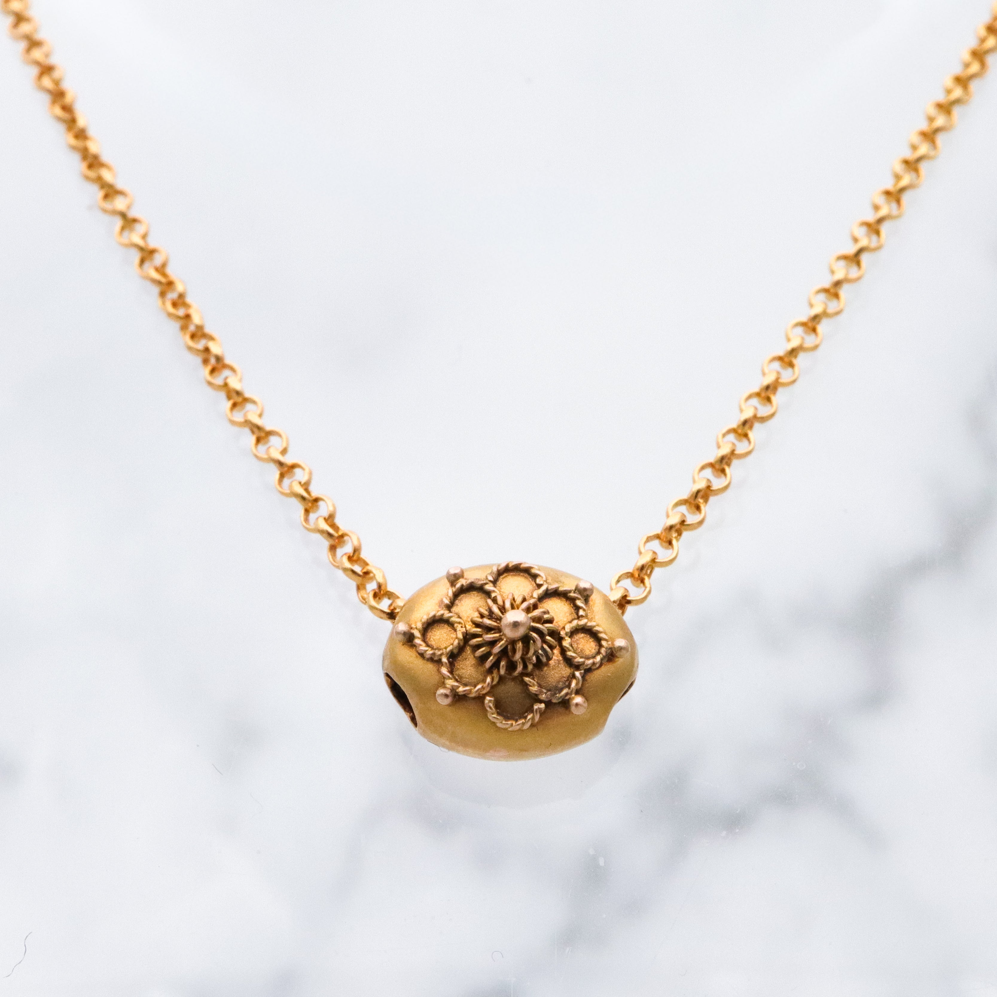 Antique Victorian 14k gold cannetille filigree slide charm necklace