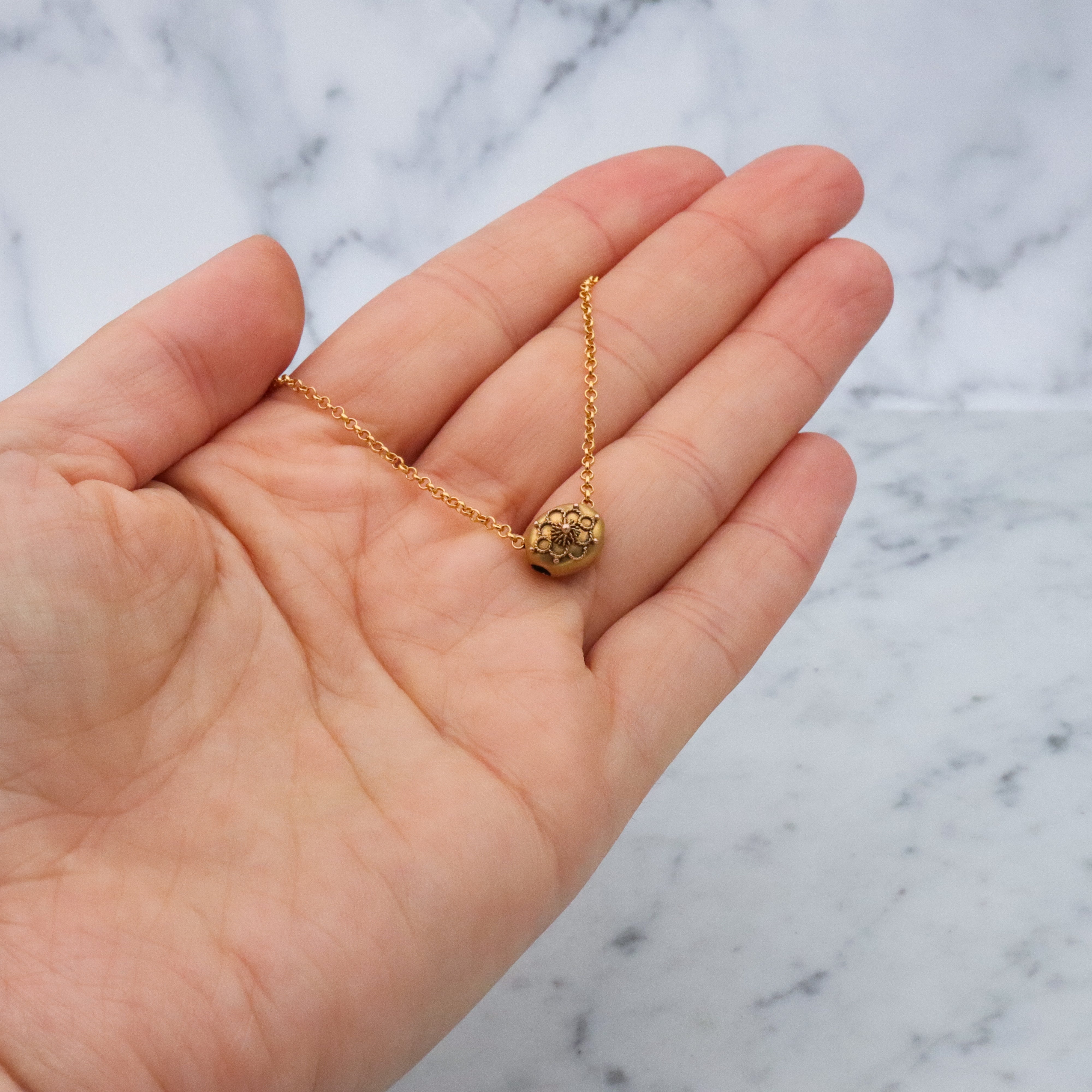 Antique Victorian 14k gold cannetille filigree slide charm necklace