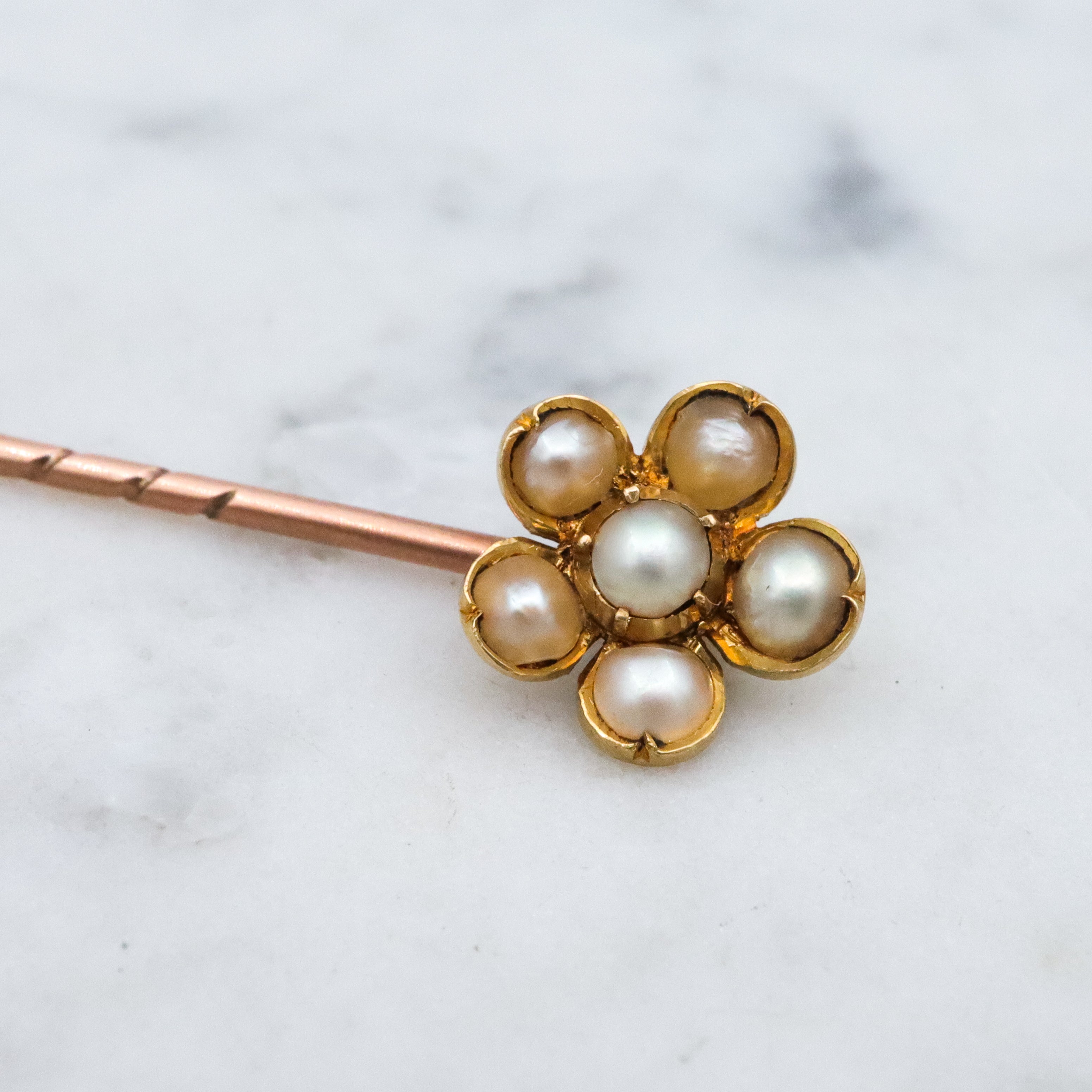Antique Victorian 18k gold pearl flower stick pin