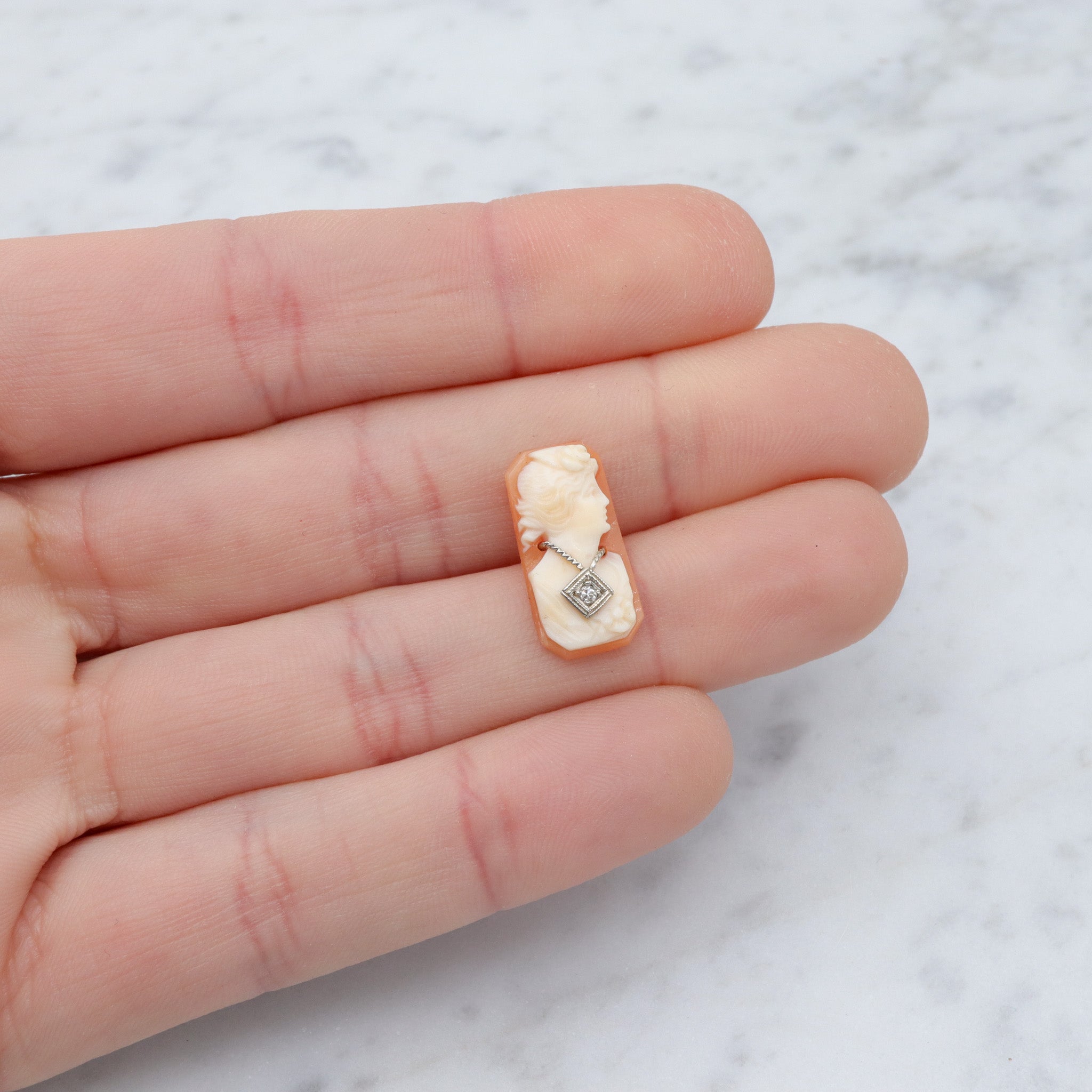 Antique Victorian loose shell cameo with 14k white gold diamond necklace