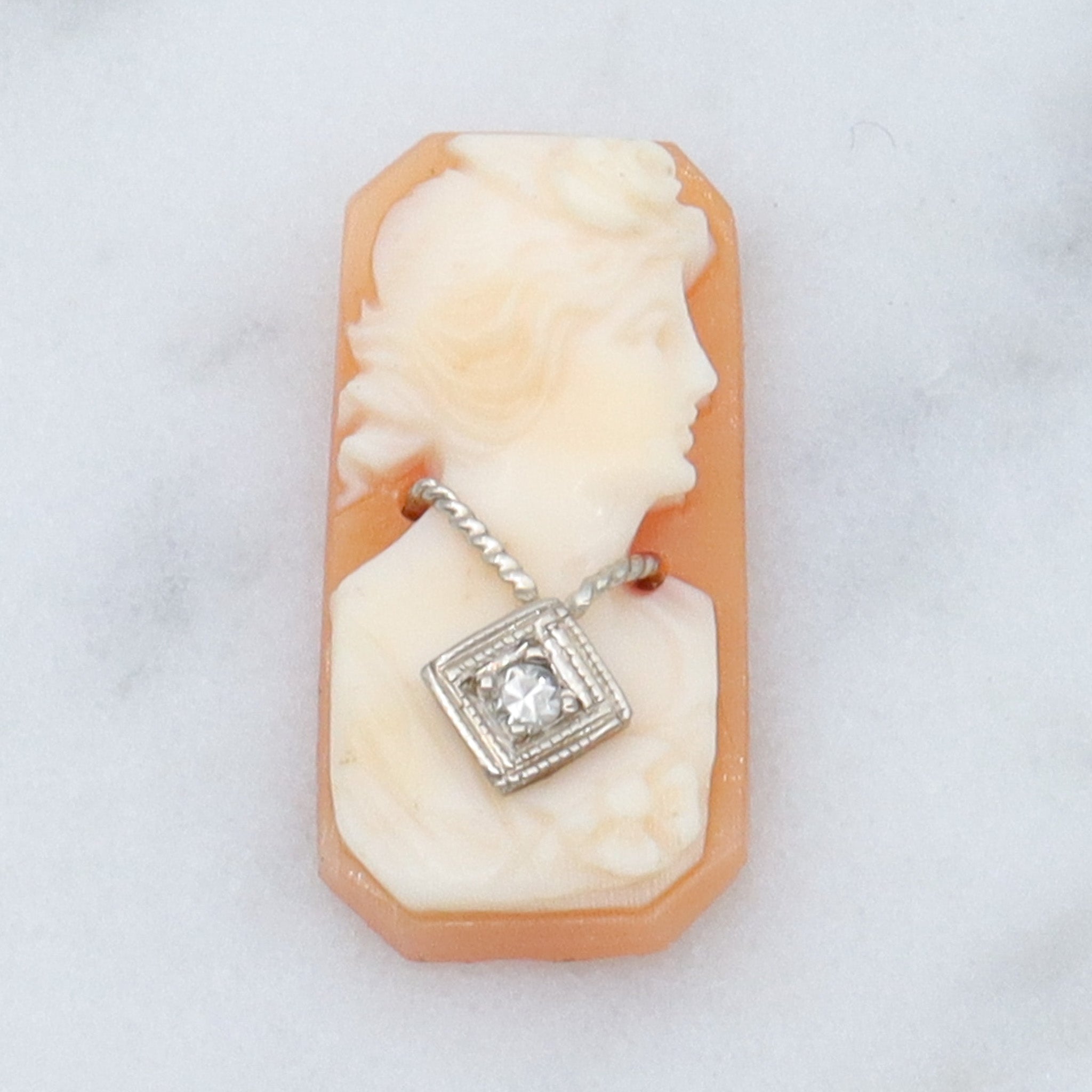 Antique Victorian loose shell cameo with 14k white gold diamond necklace