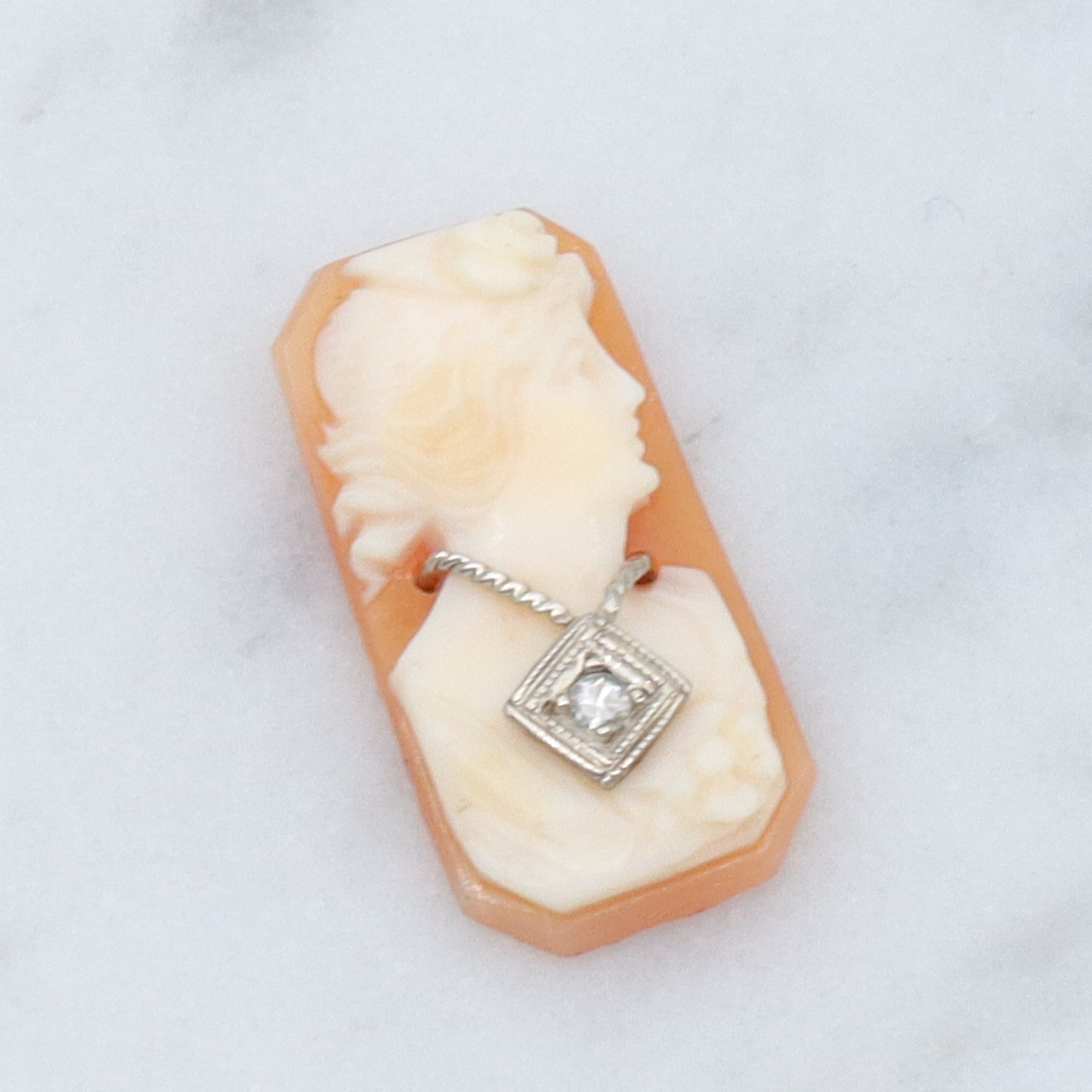 Antique Victorian loose shell cameo with 14k white gold diamond necklace