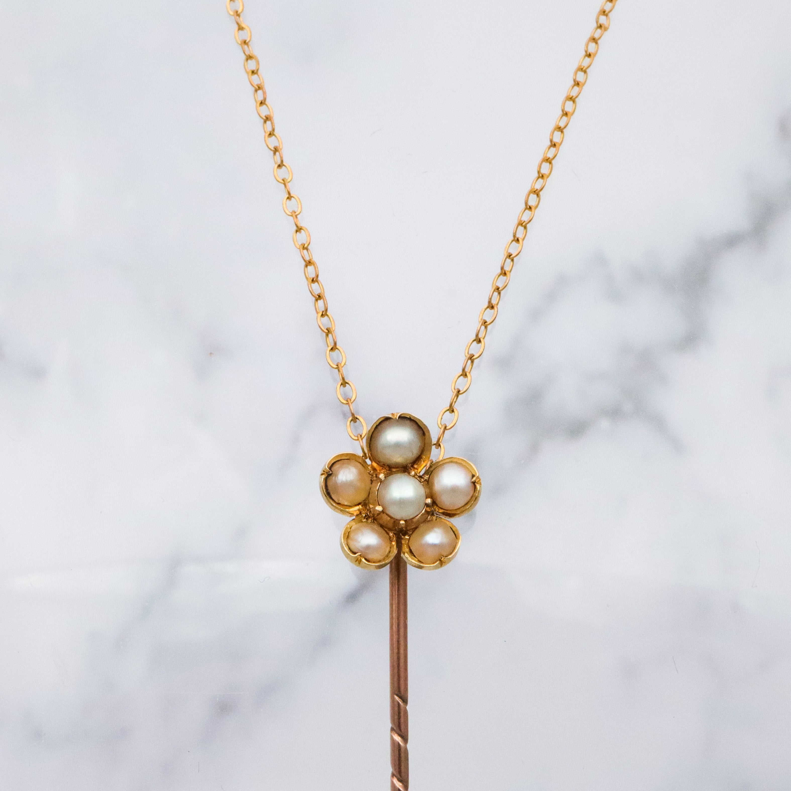 Antique Victorian 18k gold pearl flower stick pin