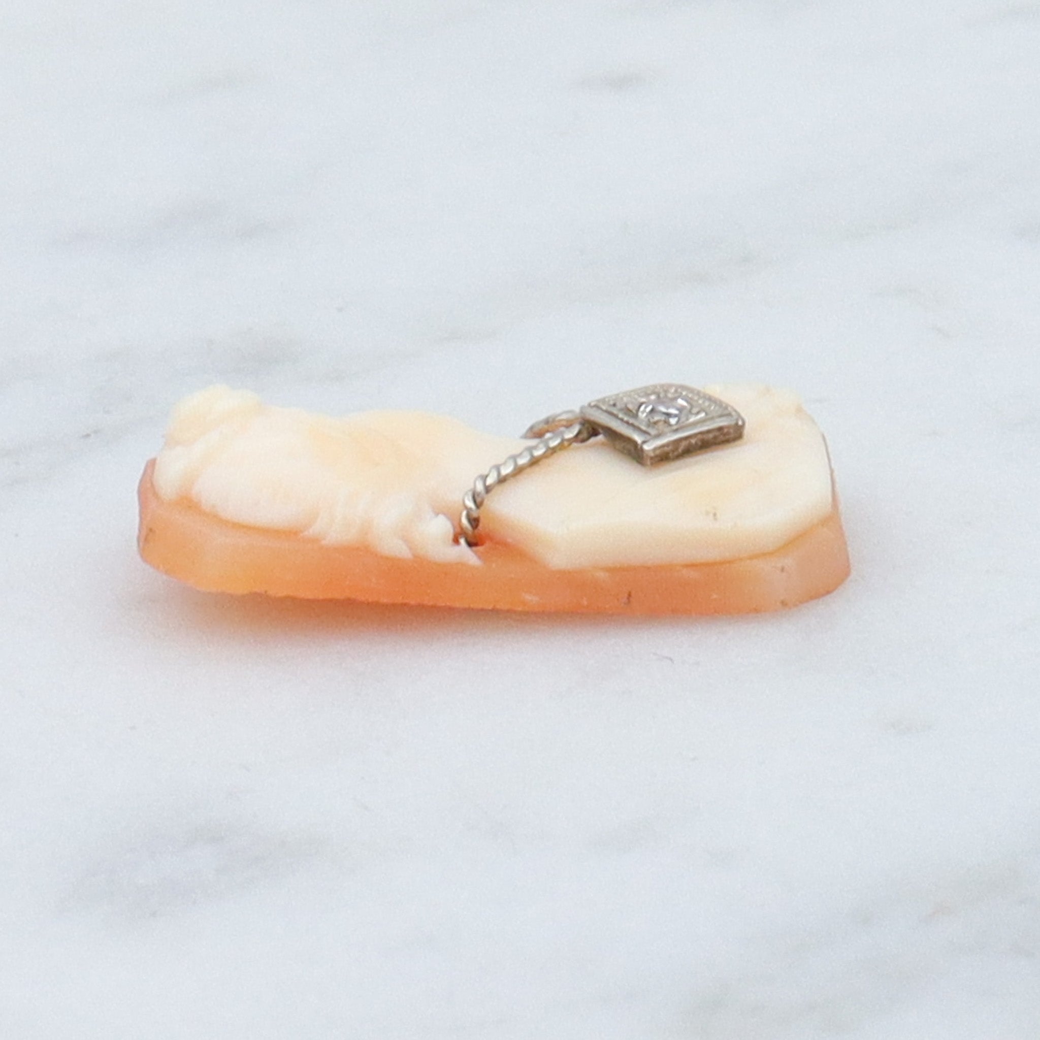 Antique Victorian loose shell cameo with 14k white gold diamond necklace