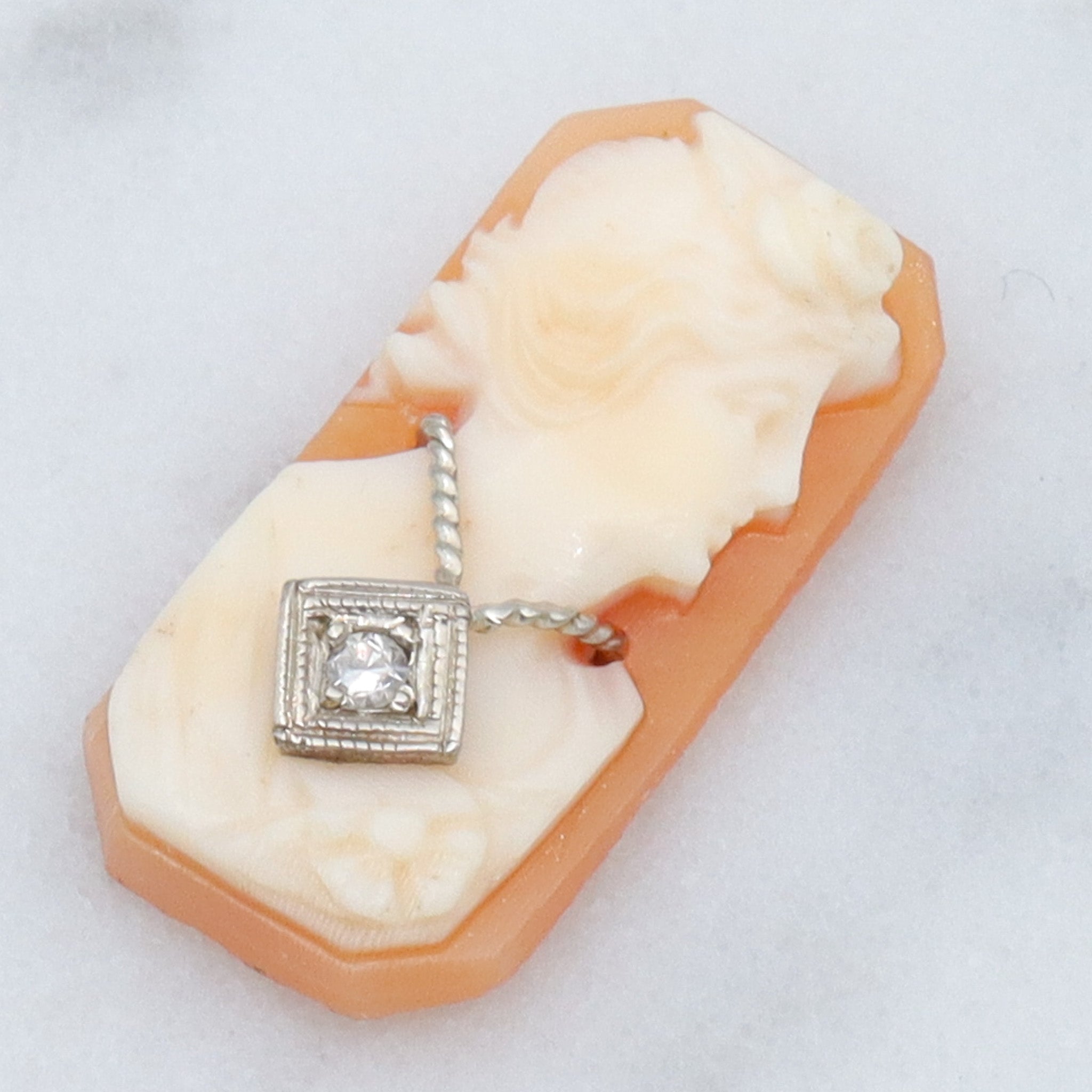 Antique Victorian loose shell cameo with 14k white gold diamond necklace
