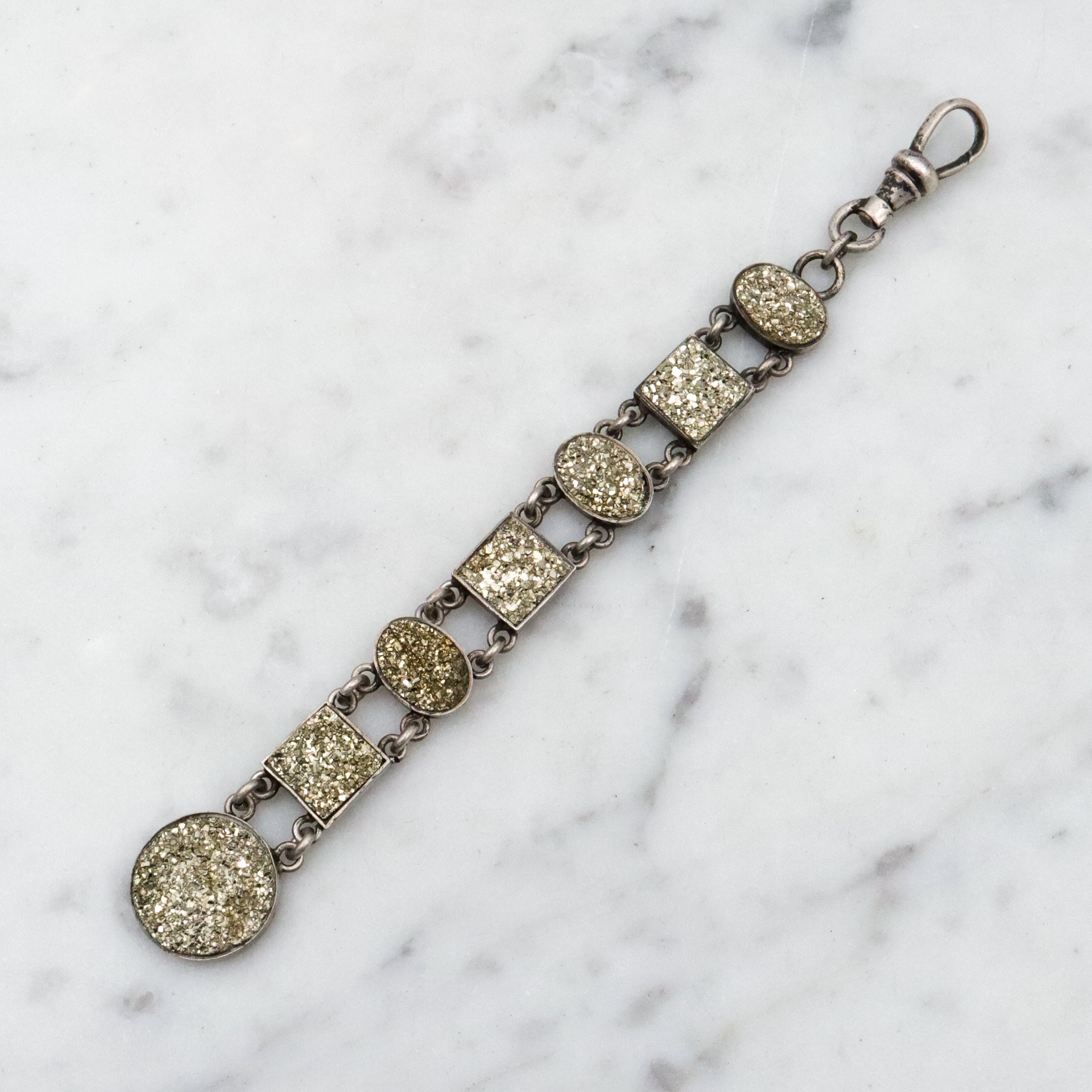 Antique Victorian sterling pyrite drop fob pendant w/dog clip