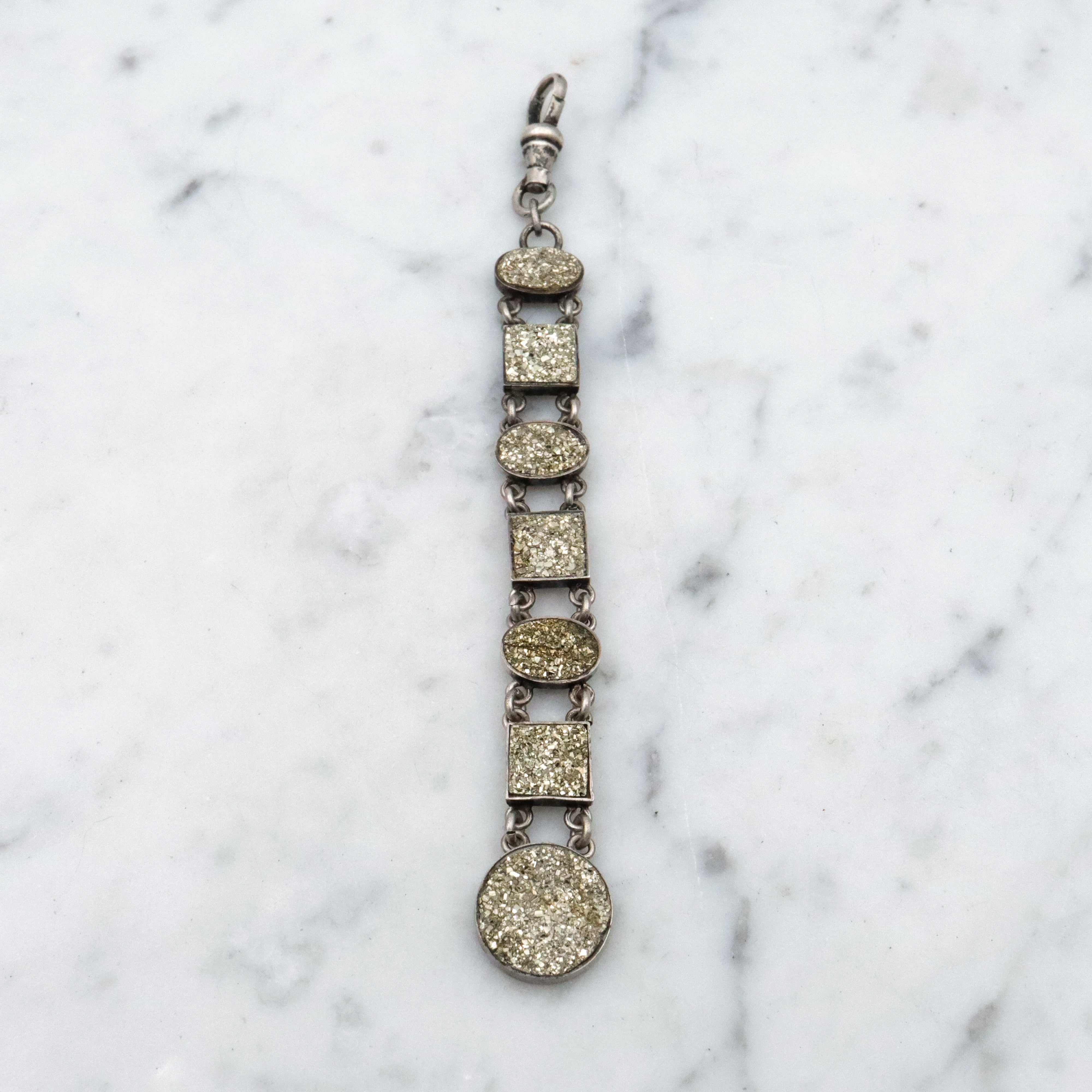 Antique Victorian sterling pyrite drop fob pendant w/dog clip