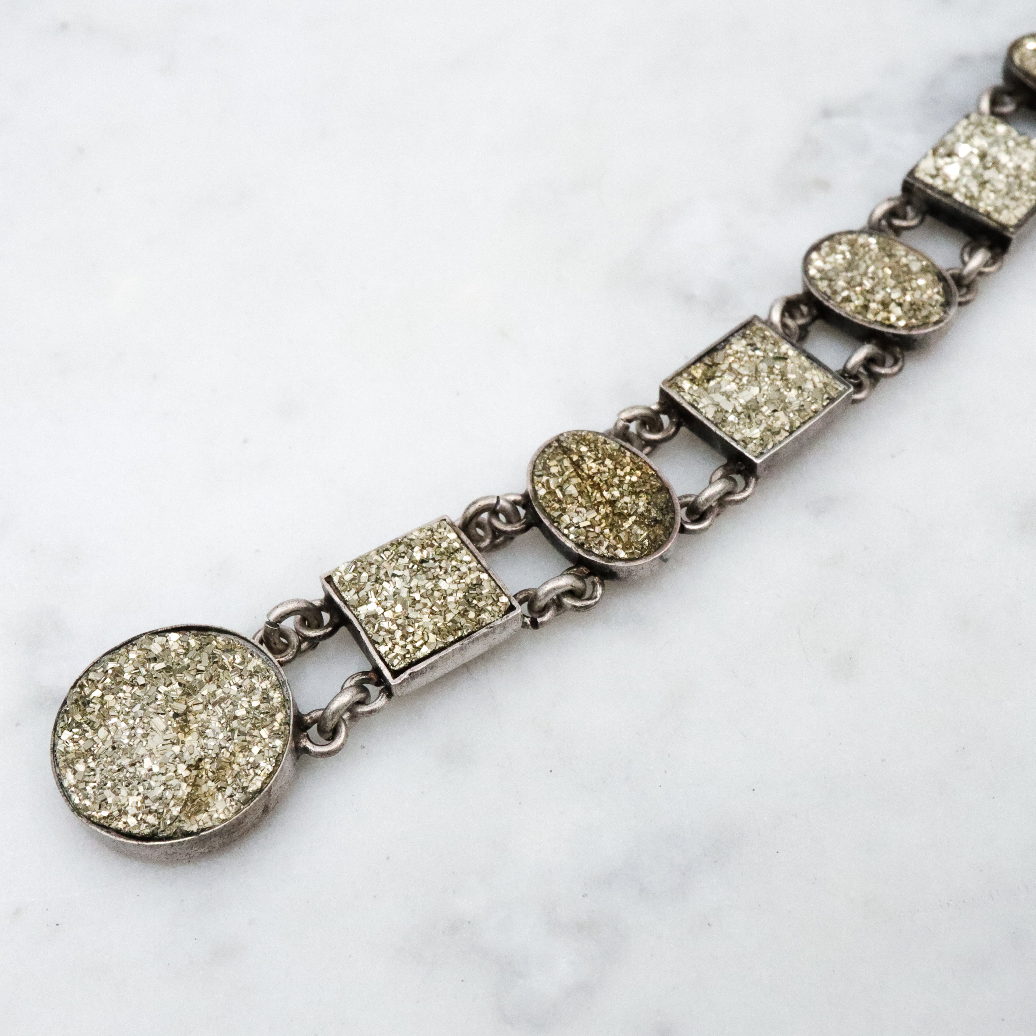 Antique Victorian sterling pyrite drop fob pendant w/dog clip