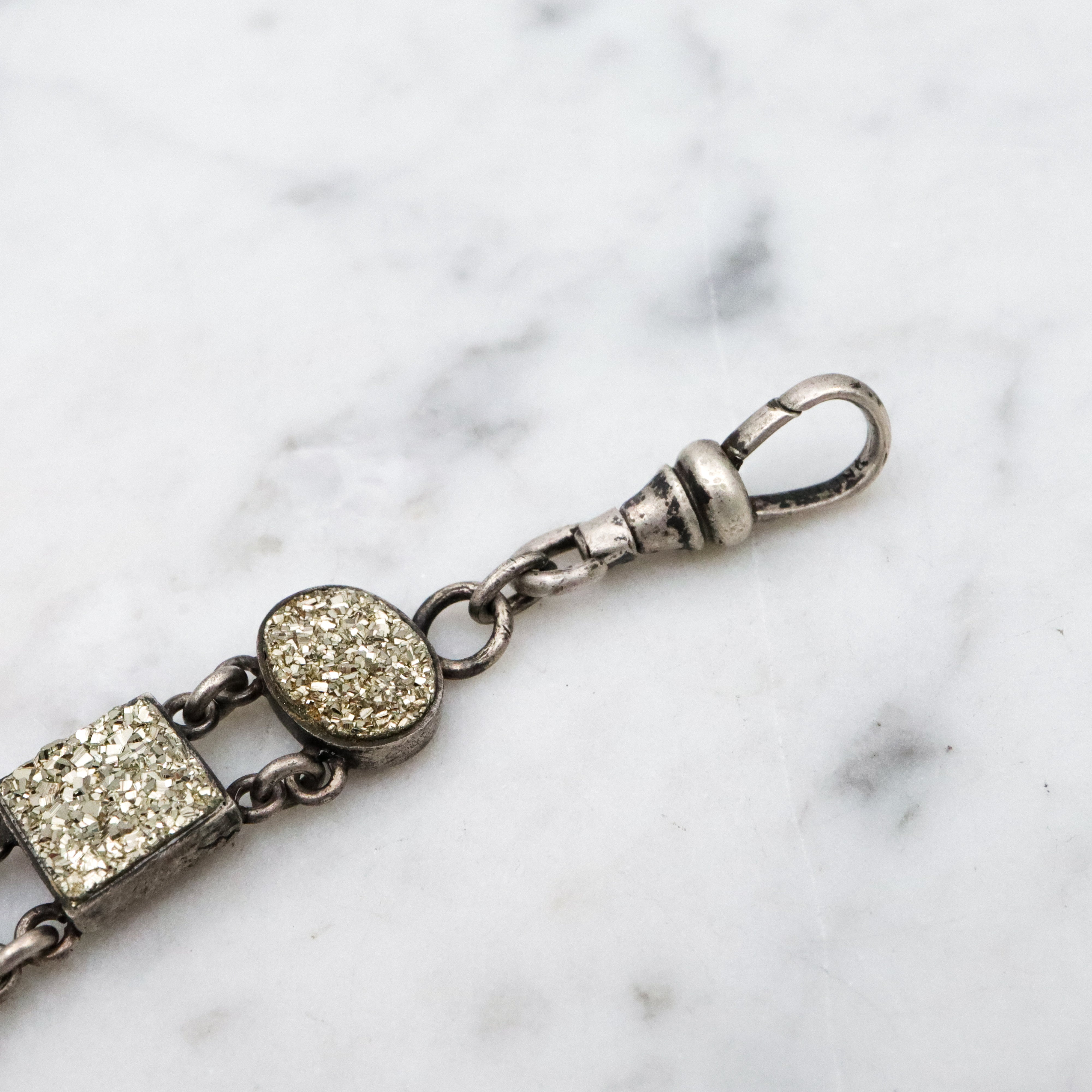 Antique Victorian sterling pyrite drop fob pendant w/dog clip