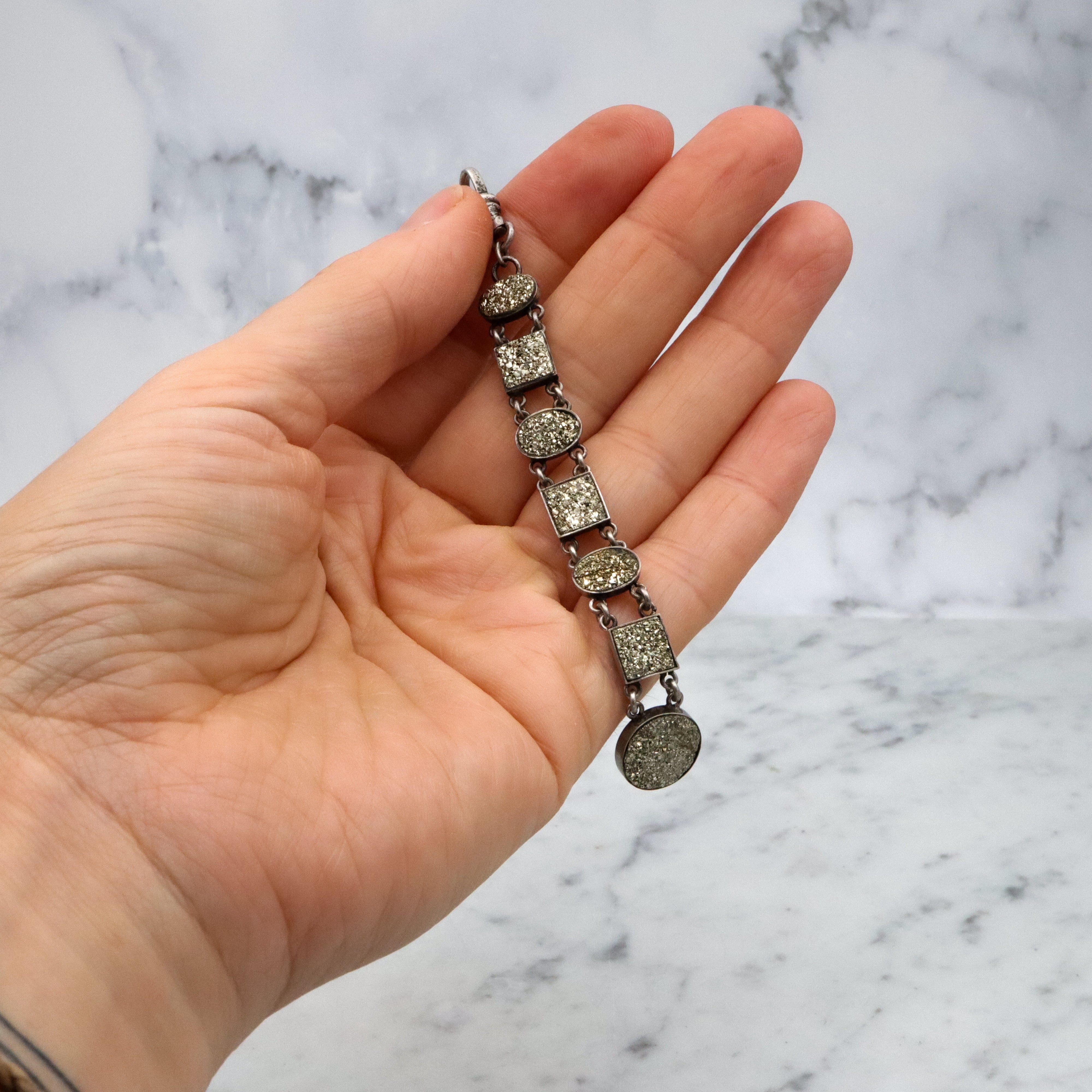 Antique Victorian sterling pyrite drop fob pendant w/dog clip