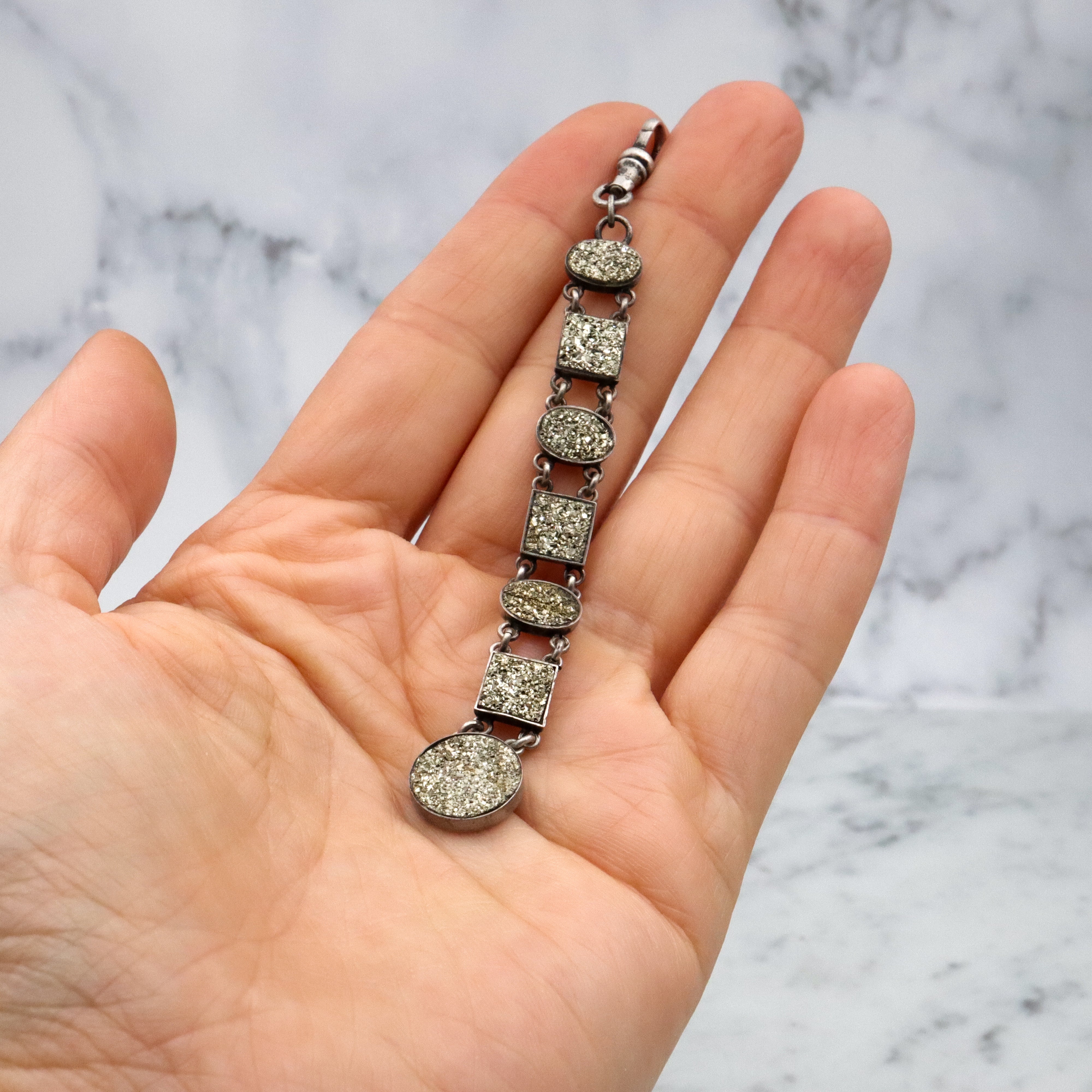 Antique Victorian sterling pyrite drop fob pendant w/dog clip