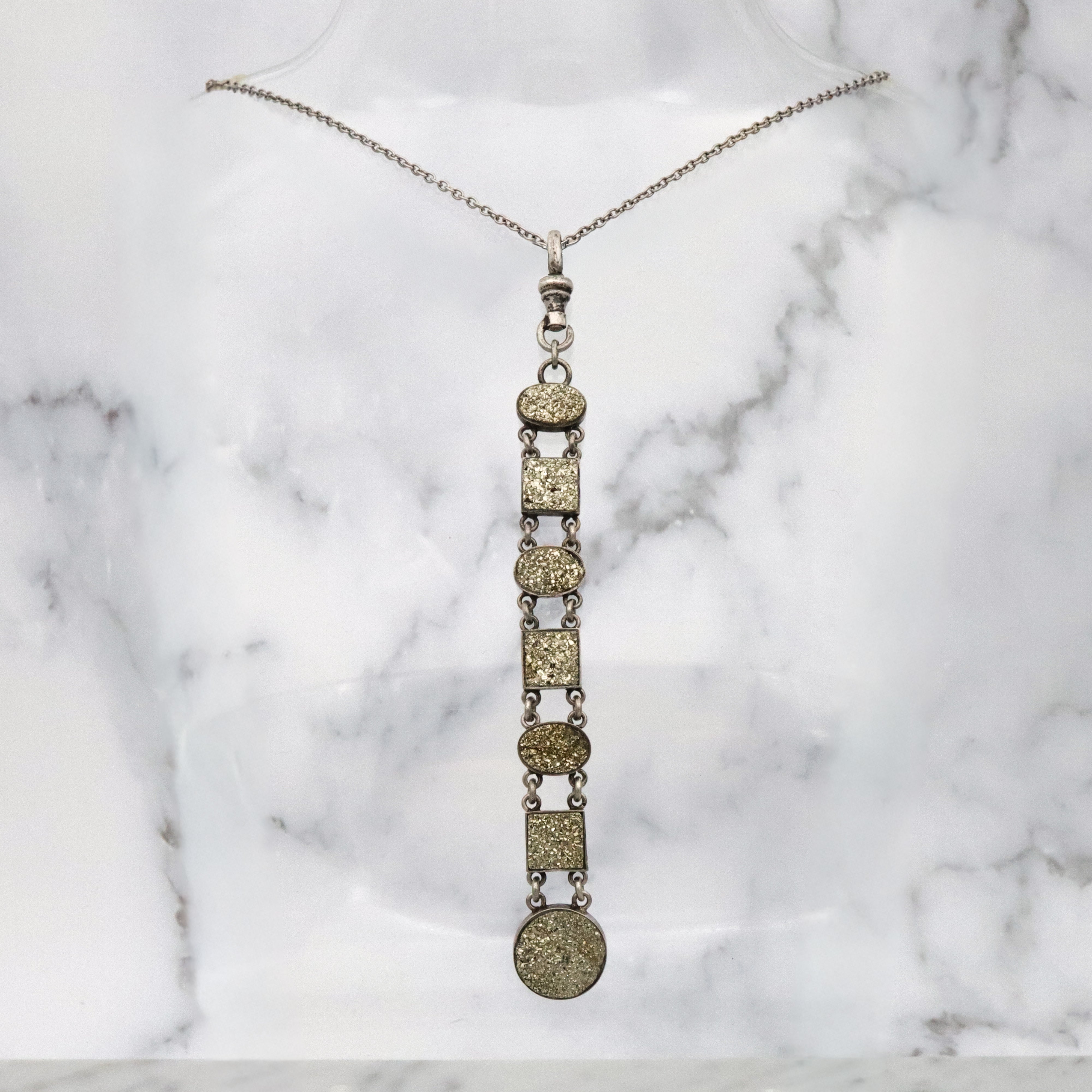 Antique Victorian sterling pyrite drop fob pendant w/dog clip