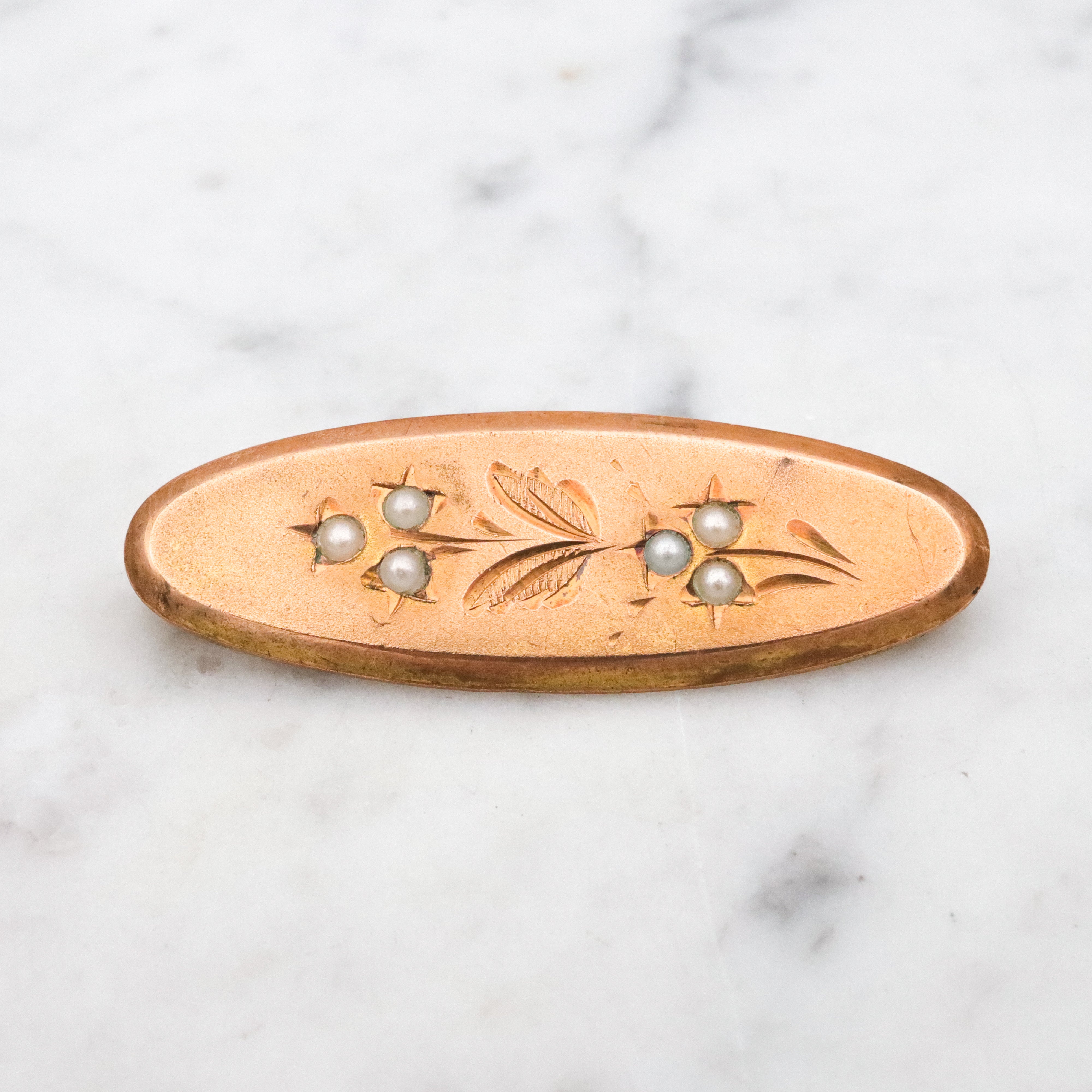 Antique gilt metal & pearl floral oval brooch