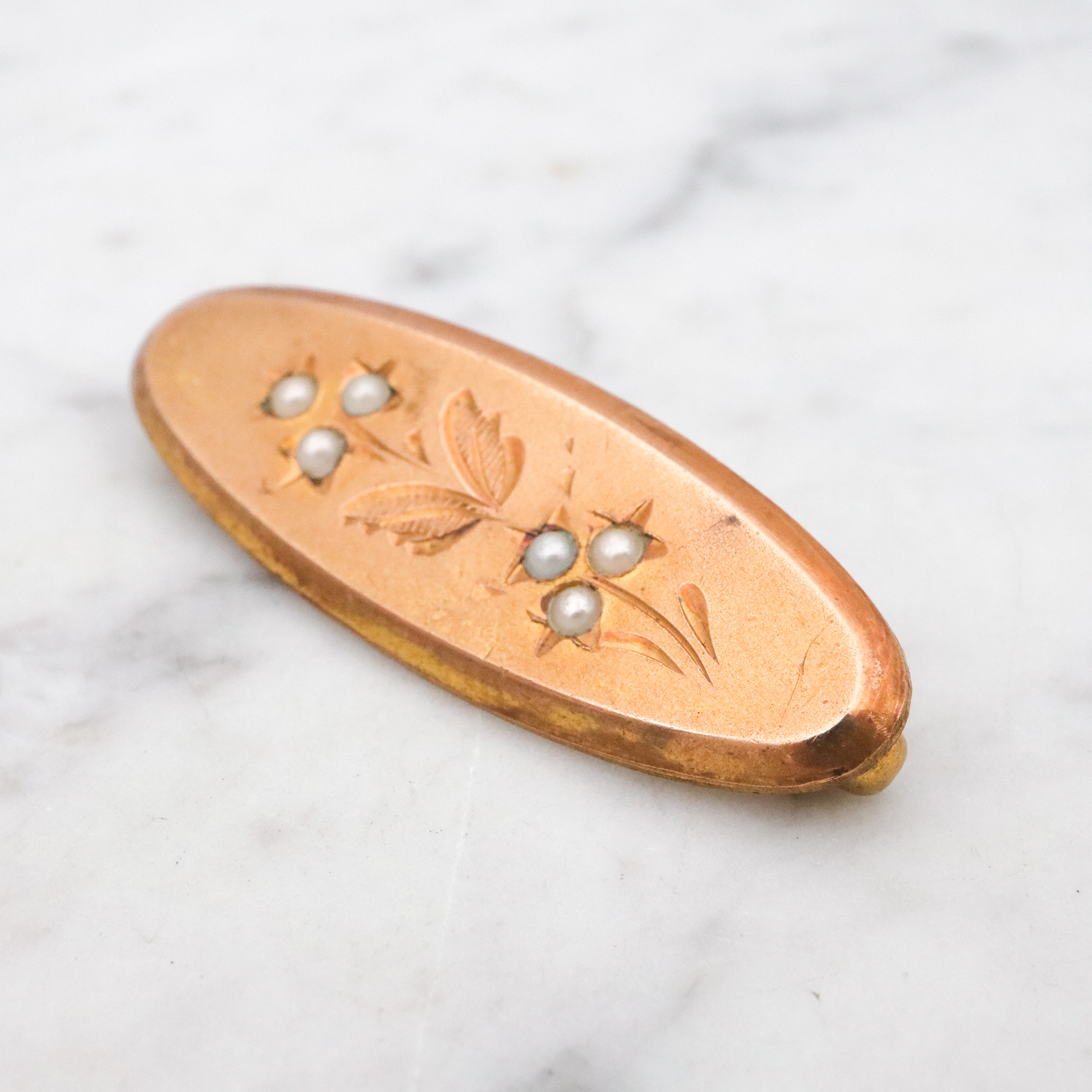 Antique gilt metal & pearl floral oval brooch