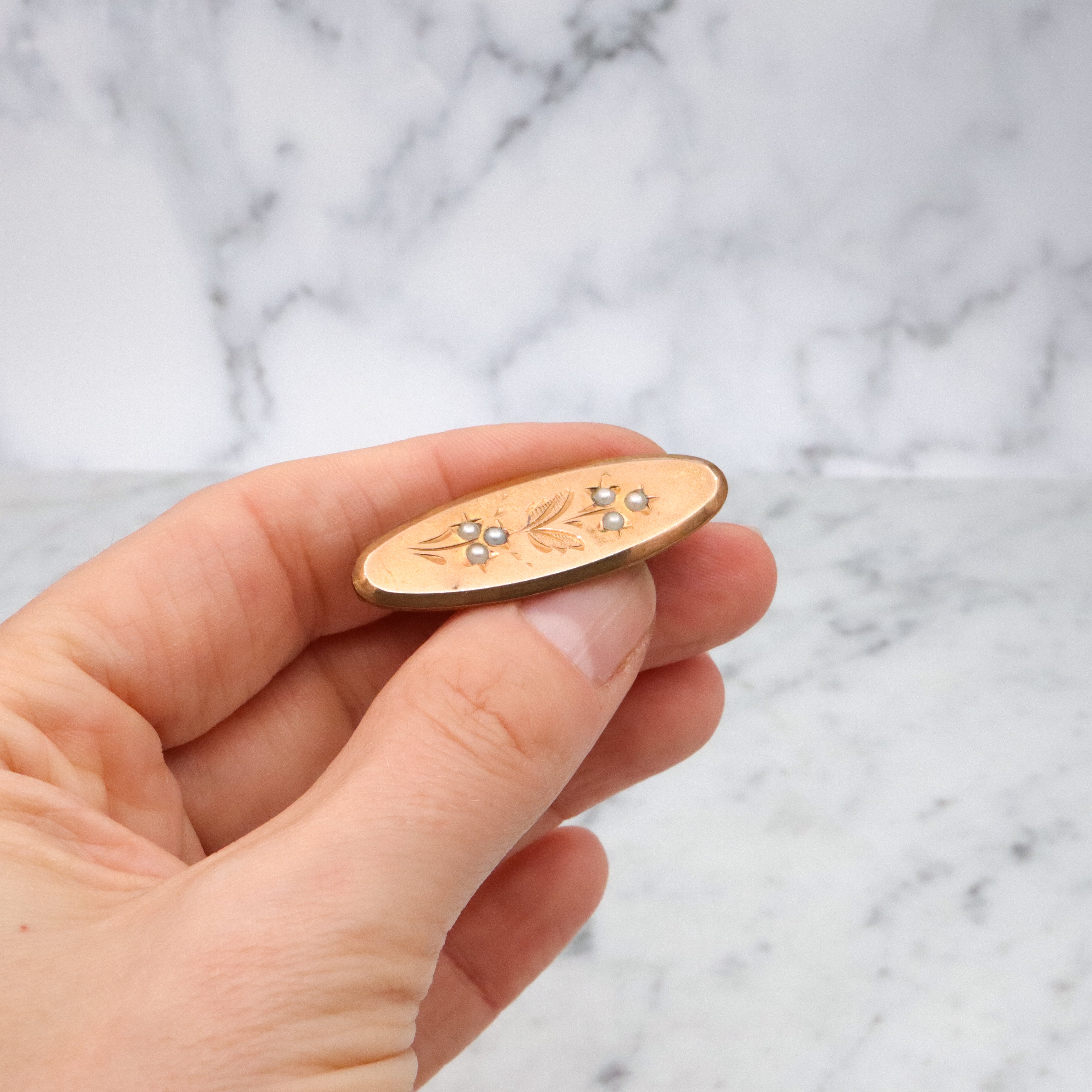 Antique gilt metal & pearl floral oval brooch