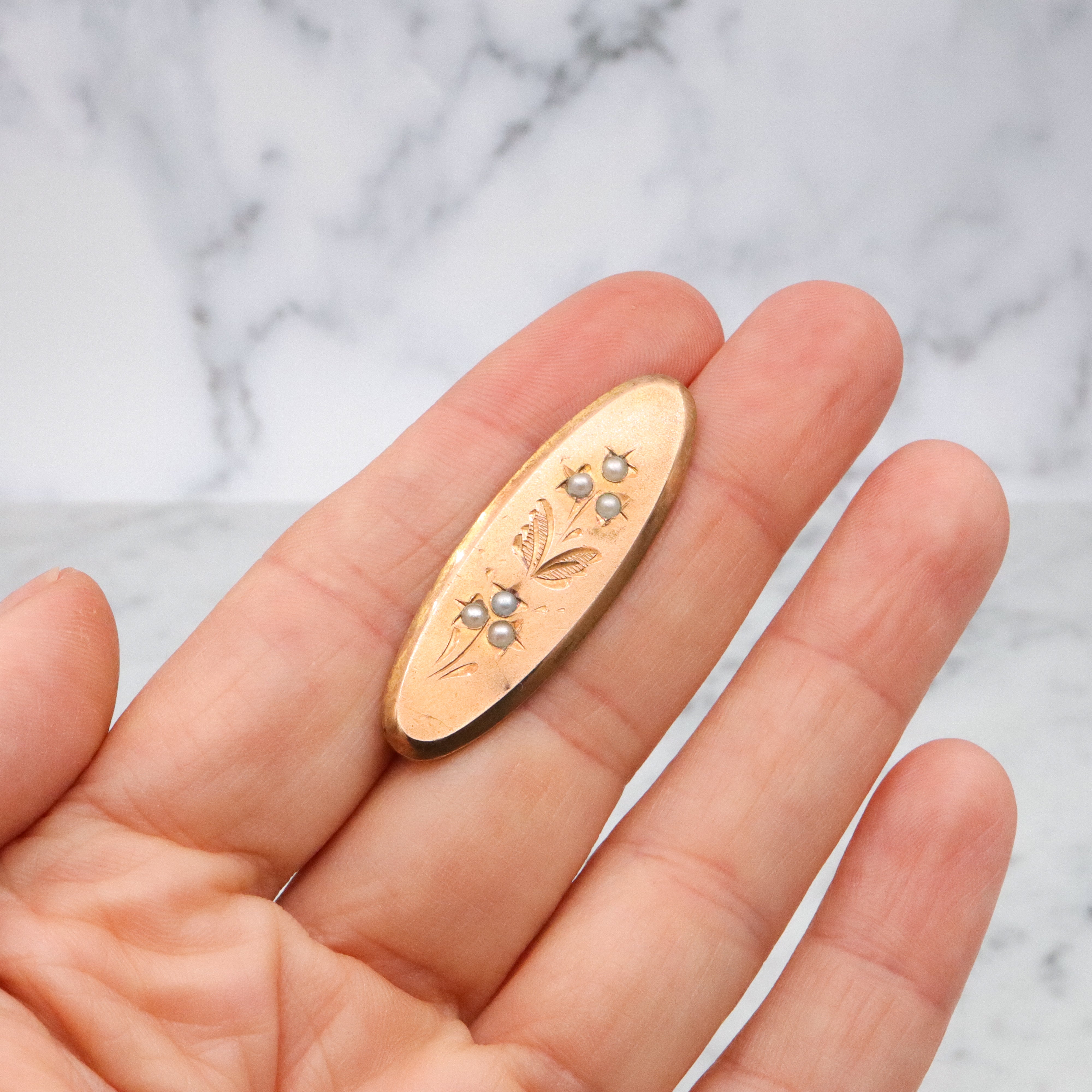 Antique gilt metal & pearl floral oval brooch