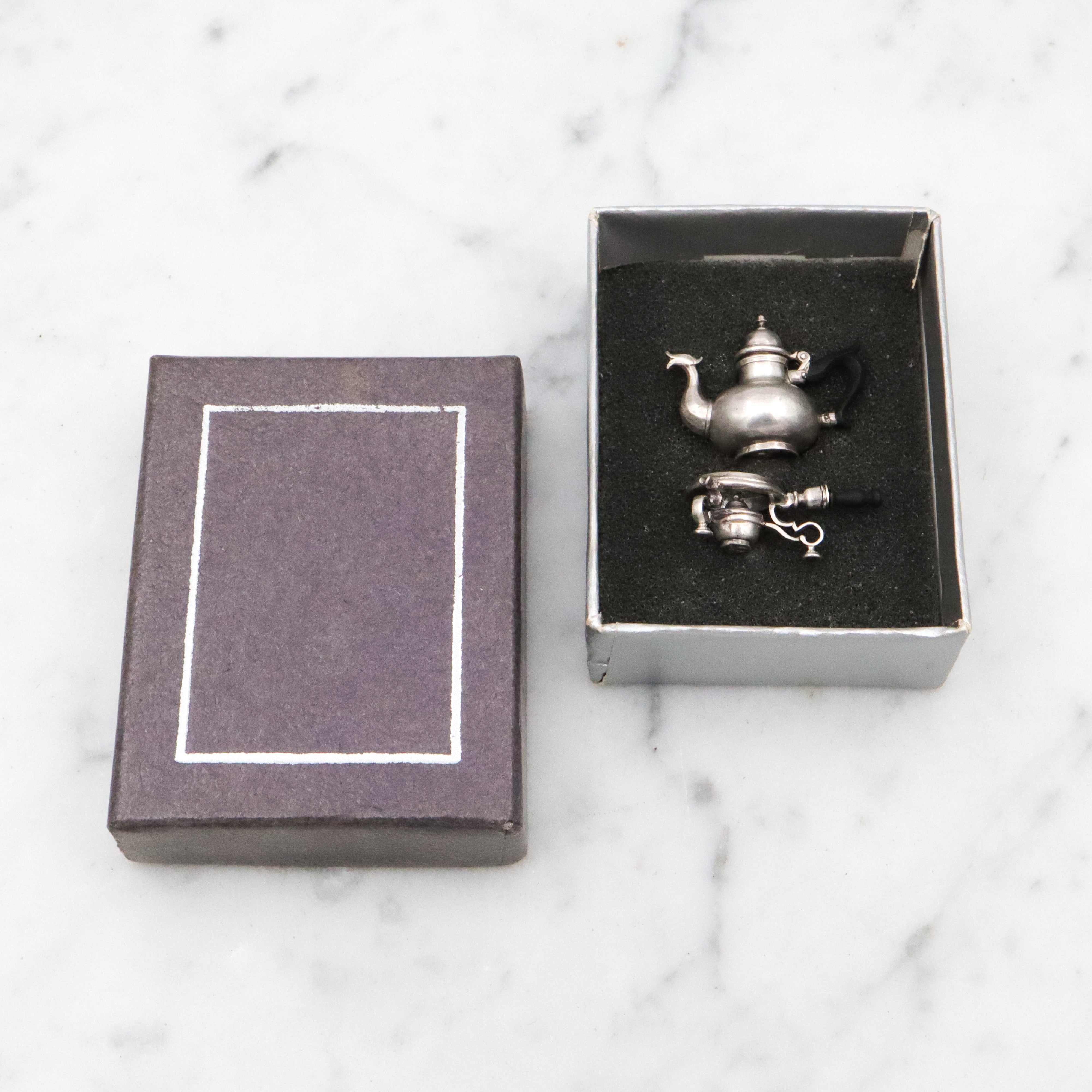 Vintage Obadiah Fisher sterling & ebony miniature teapot and warming stand