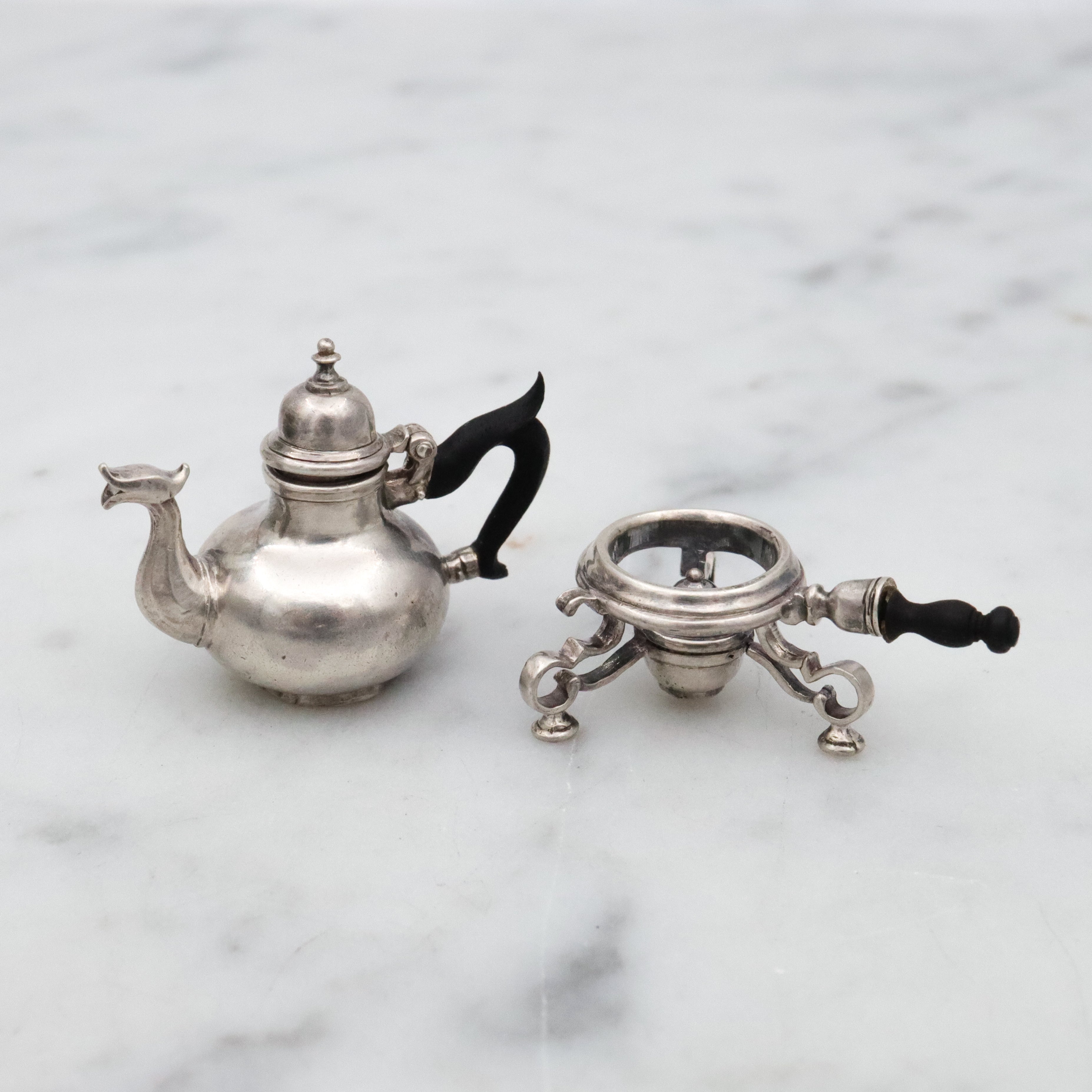 Vintage Obadiah Fisher sterling & ebony miniature teapot and warming stand