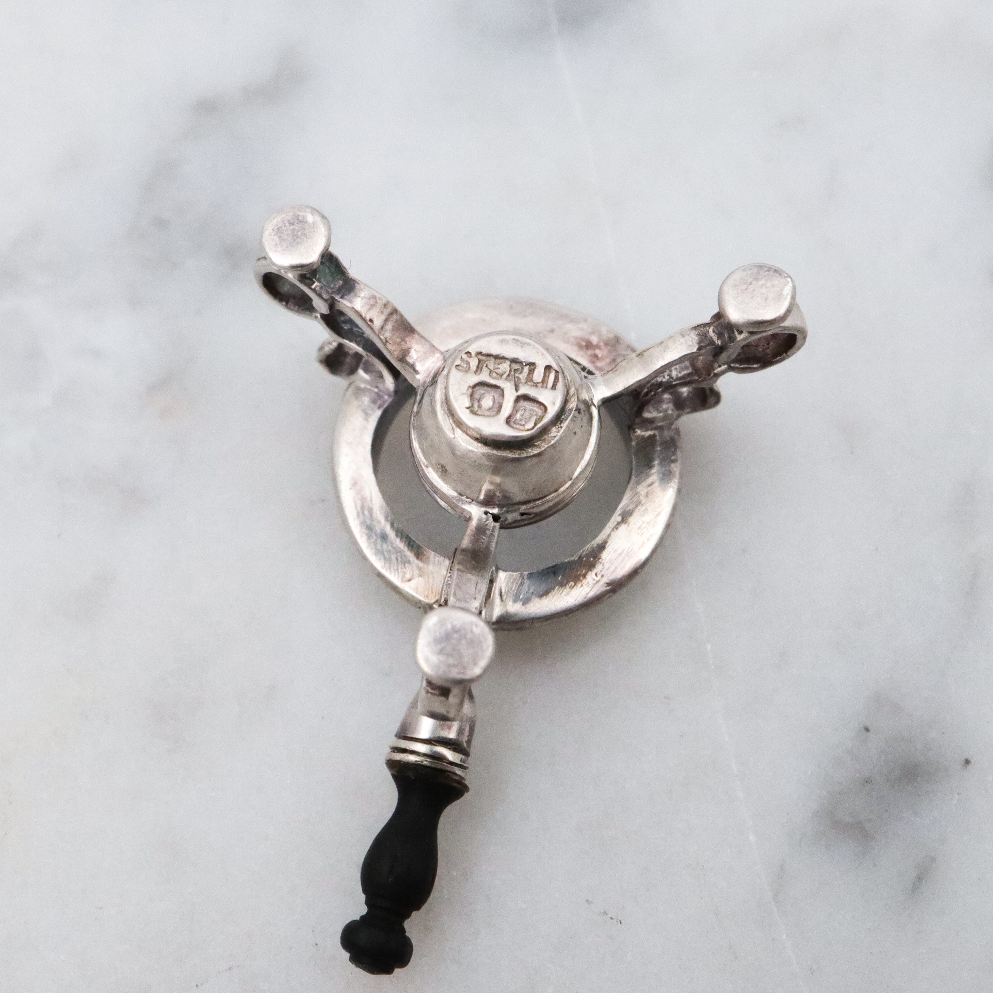 Vintage Obadiah Fisher sterling & ebony miniature teapot and warming stand