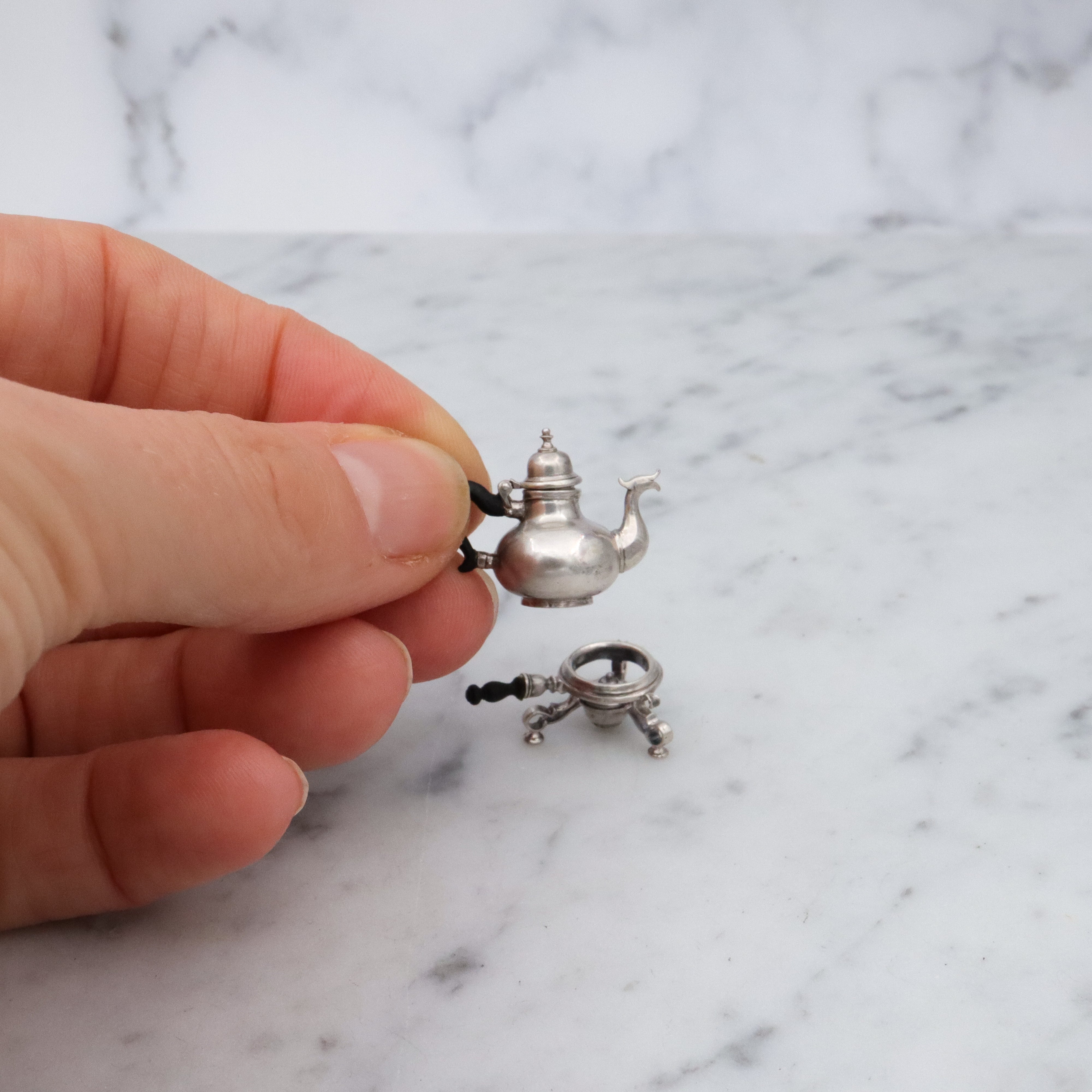 Vintage Obadiah Fisher sterling & ebony miniature teapot and warming stand