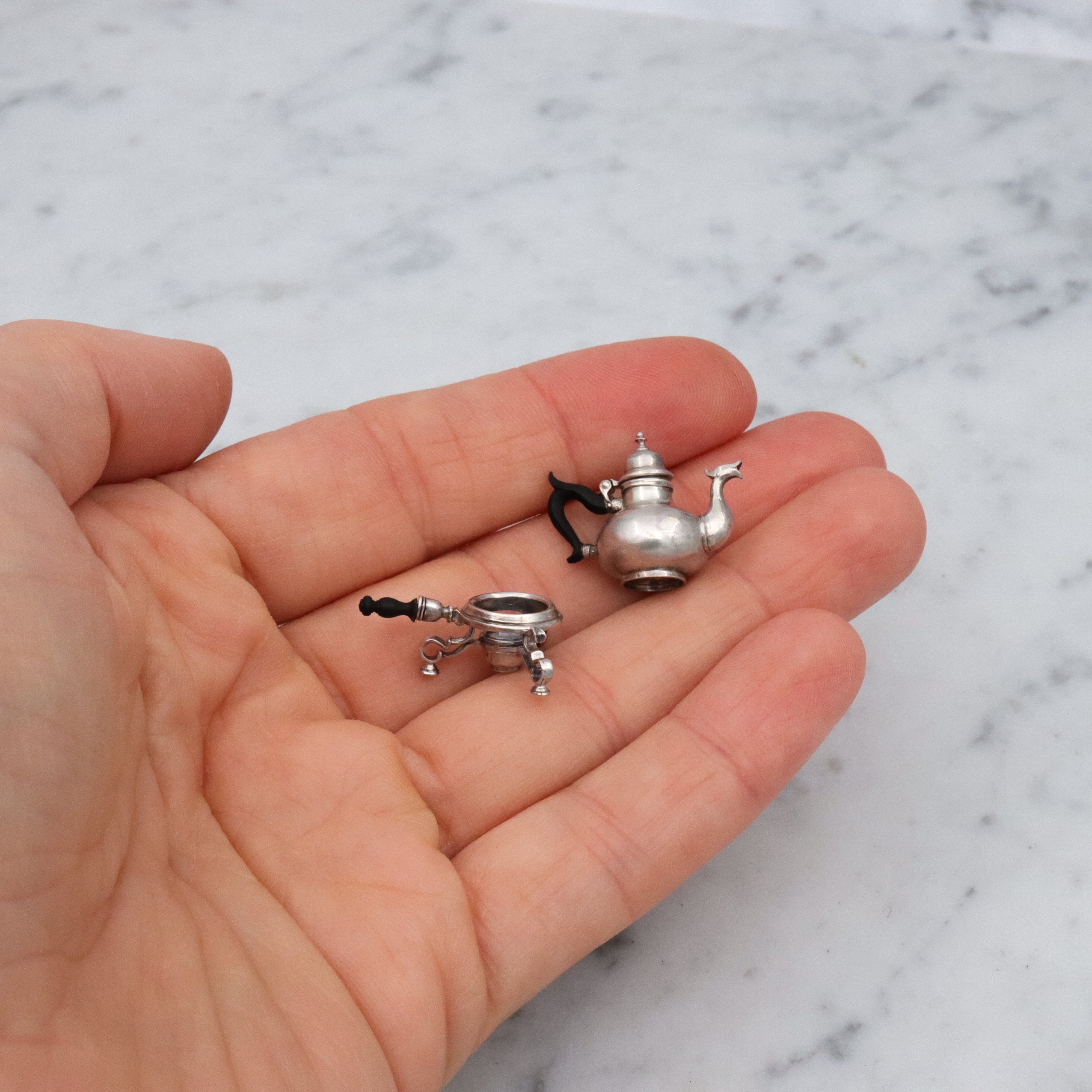 Vintage Obadiah Fisher sterling & ebony miniature teapot and warming stand